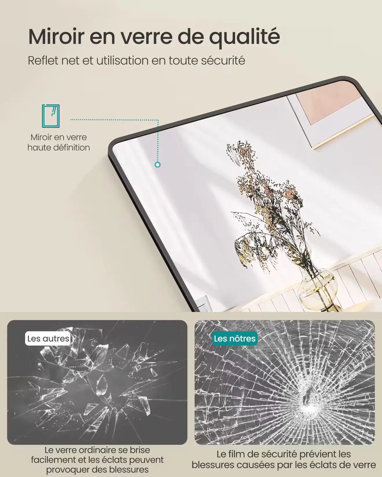 Miroir long mural en verre trempé haute qualité avec film de protection anti-éclats pour sécurité maximale.