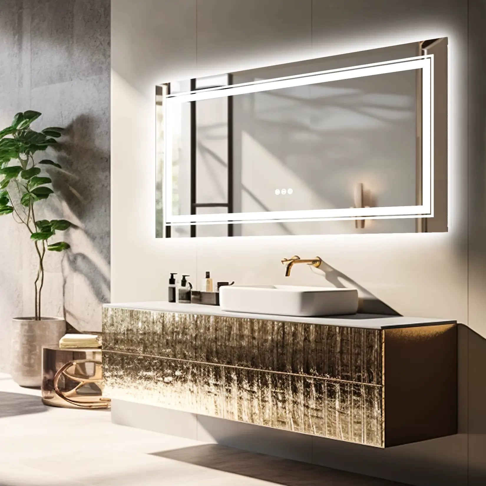 Miroir lumineux 120x60 avec double éclairage au-dessus d'un meuble vasque design.