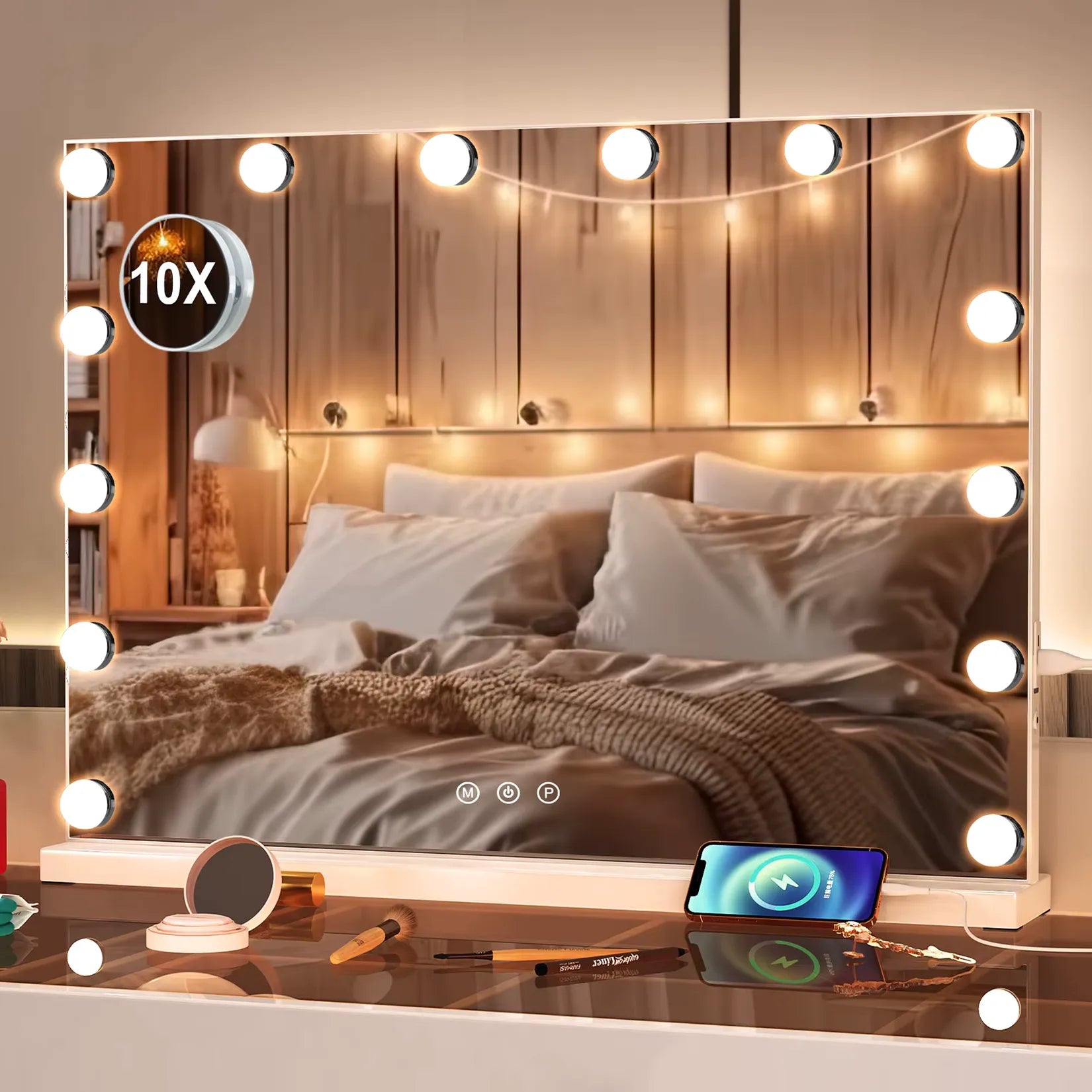 Miroir Lumineux Grossissant Hollywood ambiance chambre coiffeuse.