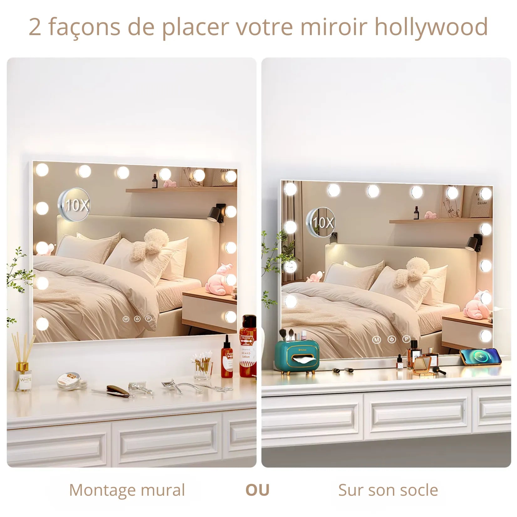 Miroir Lumineux Grossissant Hollywood montage mural ou sur socle.