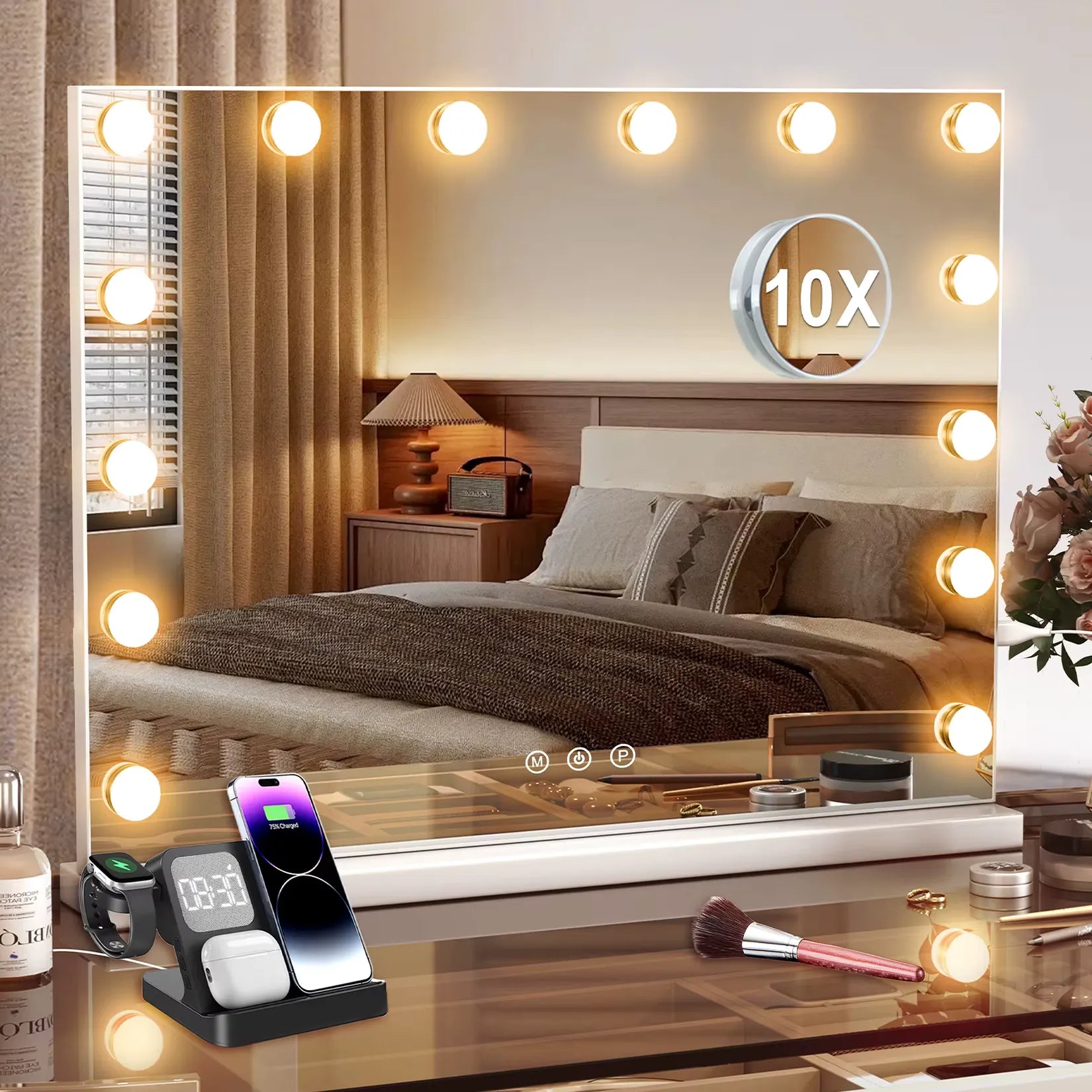 Miroir Lumineux Grossissant Hollywood avec station de charge et accessoires.