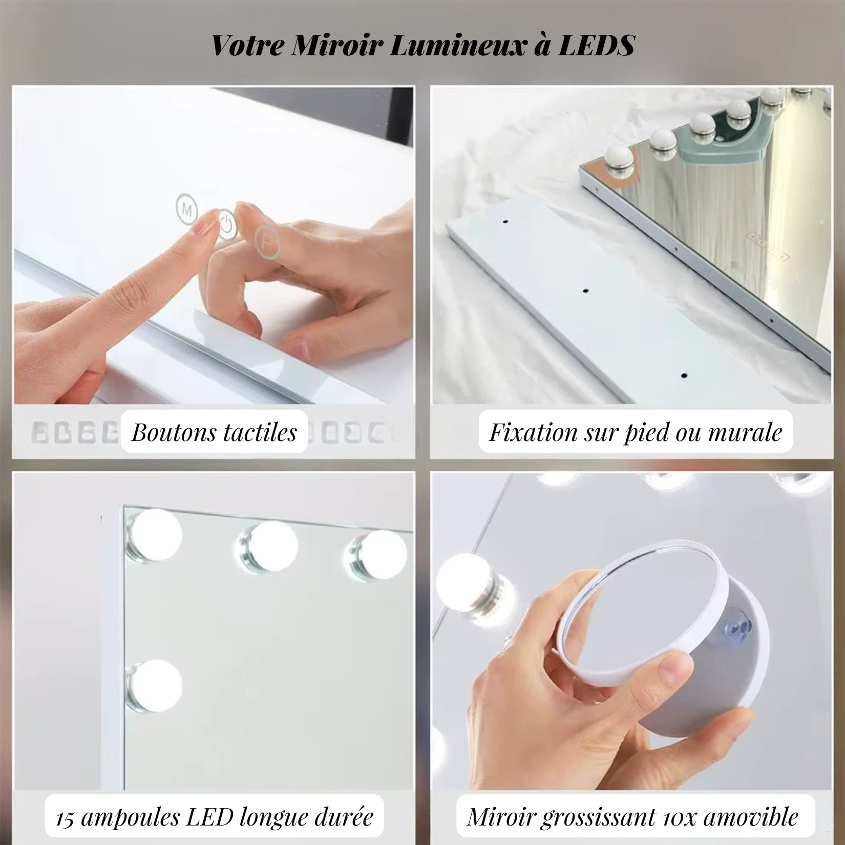Aperçu des fonctionnalités du miroir lumineux maquillage avec boutons tactiles et LED.