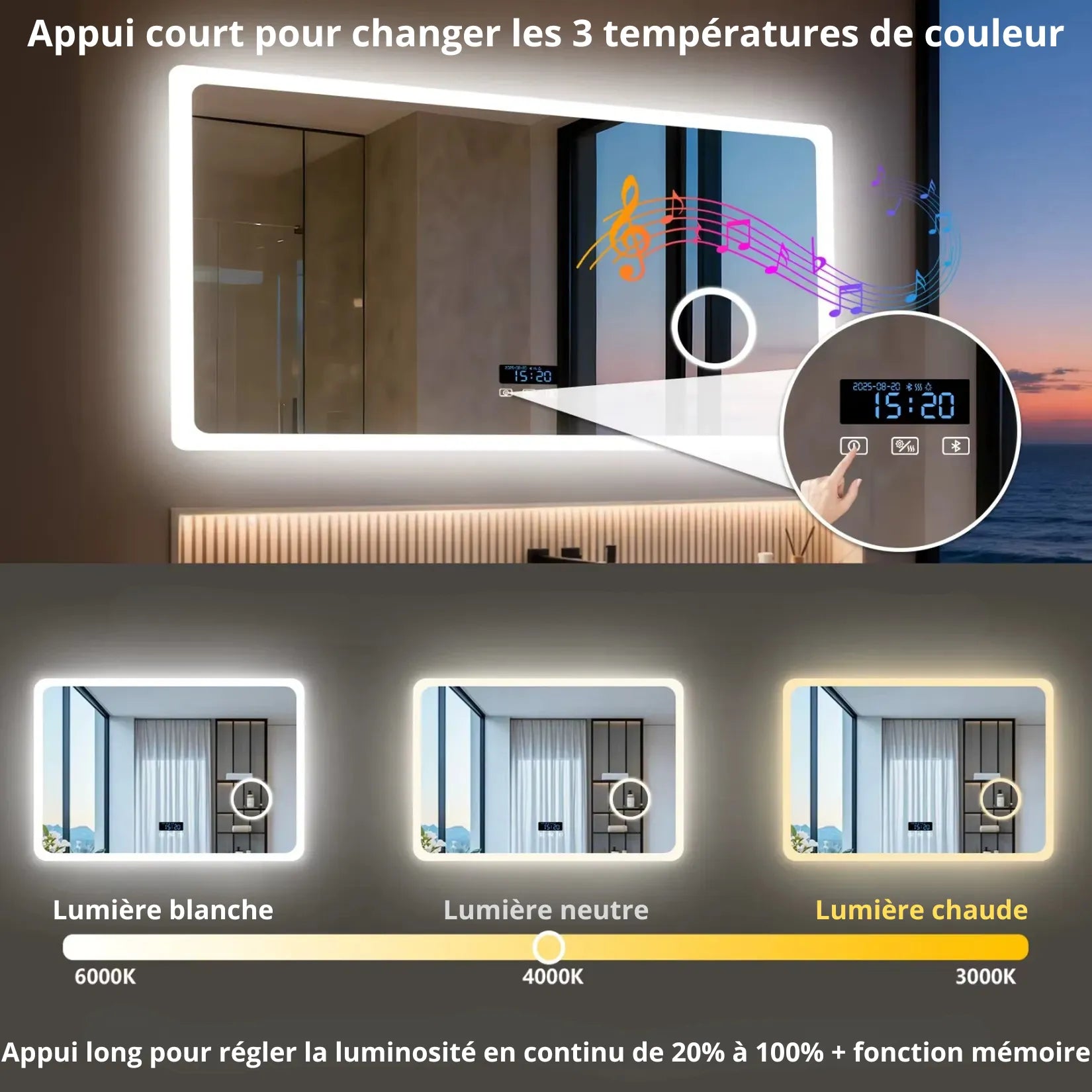 Miroir Lumineux Salle de Bain 120 cm 8 fonctions Bluetooth grossissant antibuée.