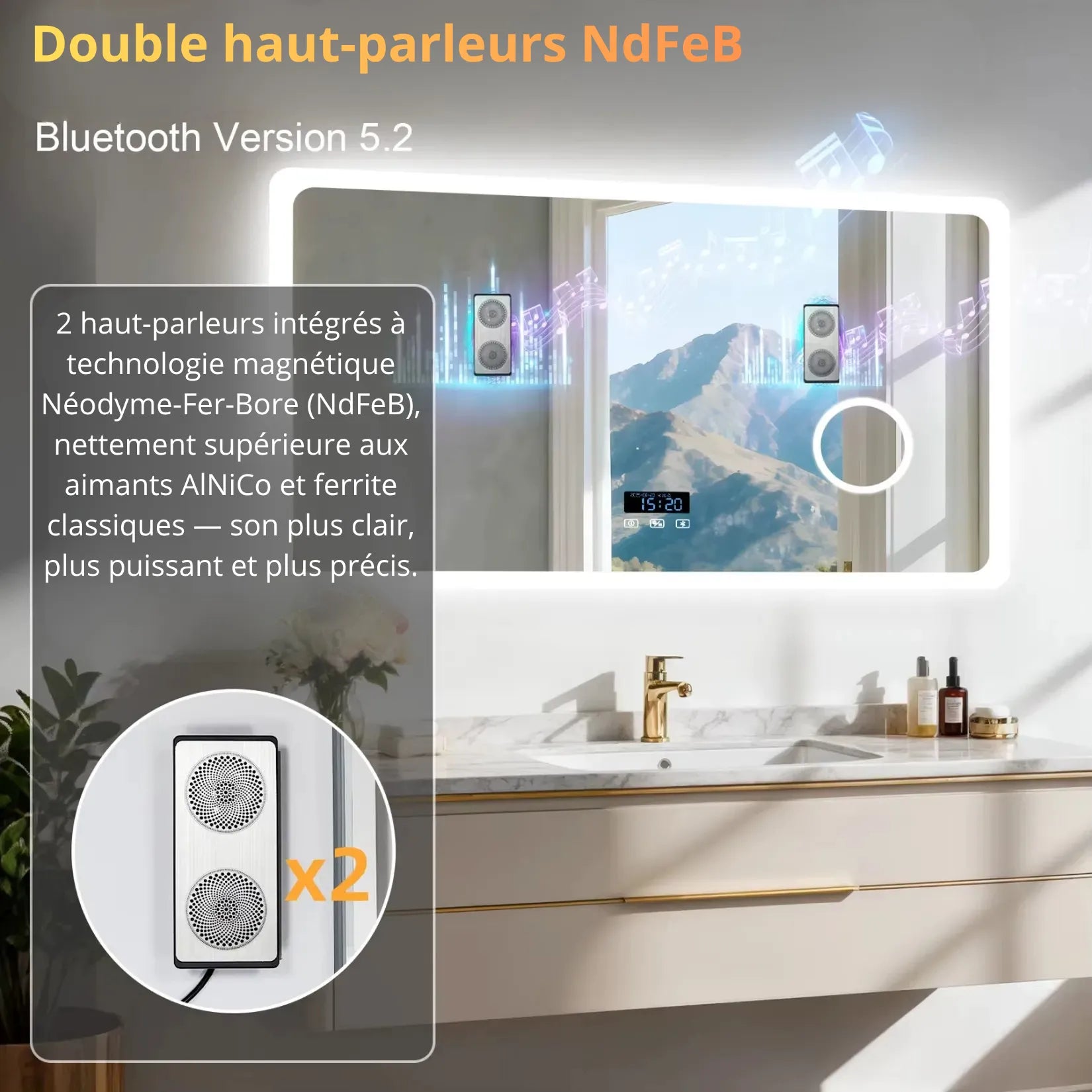 Miroir Lumineux Salle de Bain 120 cm double haut-parleurs NdFeB Bluetooth 5.2.