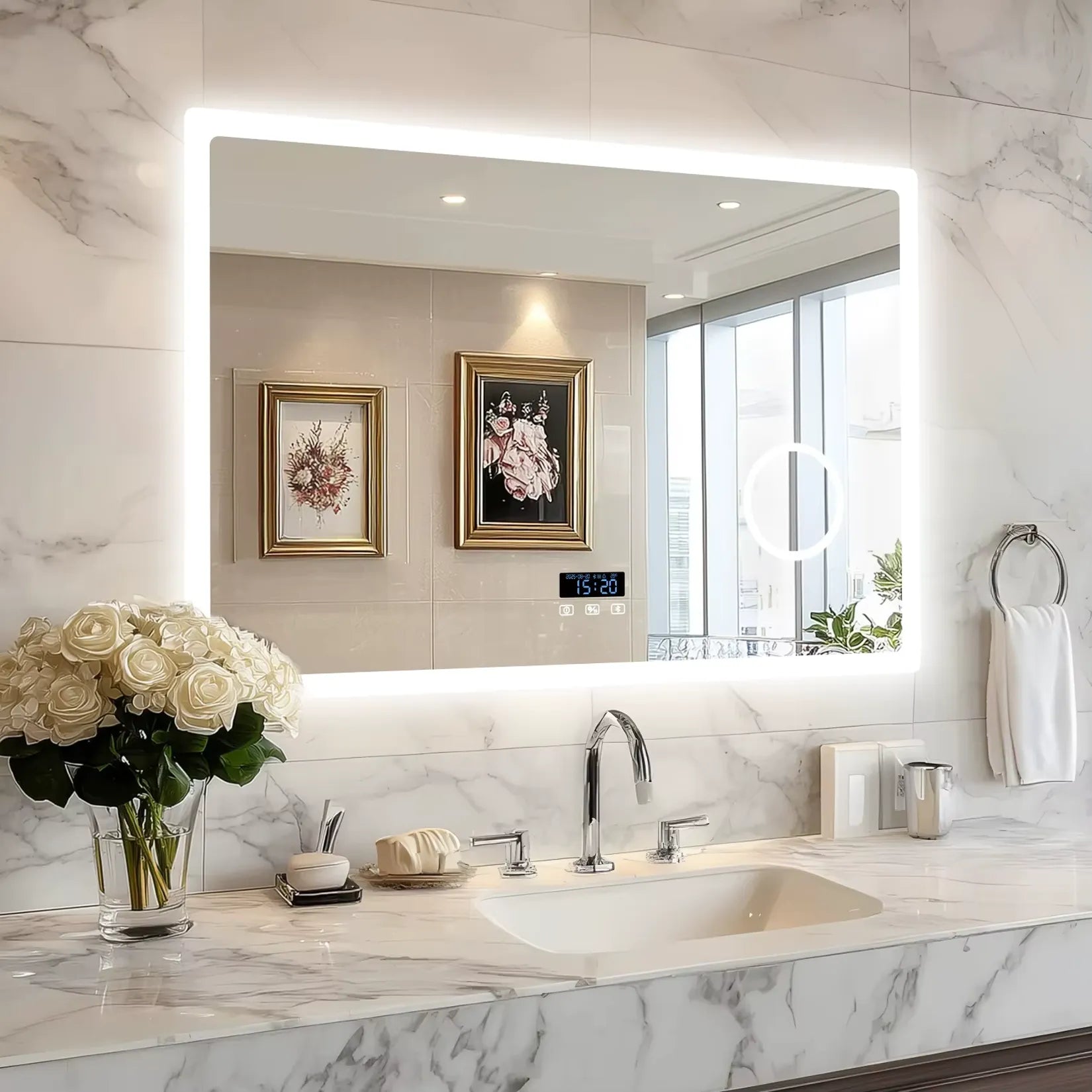 Miroir Lumineux Salle de Bain 120 cm lumière froide salle de bain marbre blanc.