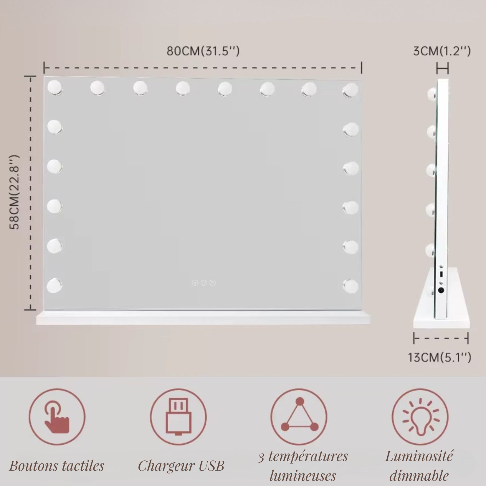 Dimensions du Miroir Maquillage Lumineux avec 18 ampoules LED.