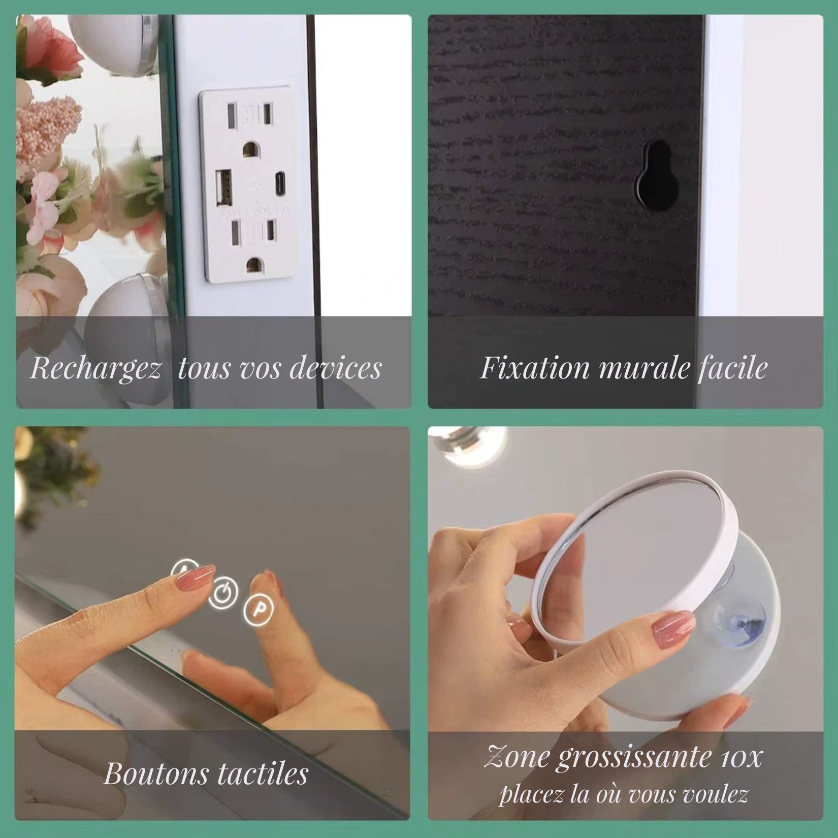 Fonctionnalités du Miroir Maquillage Lumineux avec chargeur USB et loupe 10X.