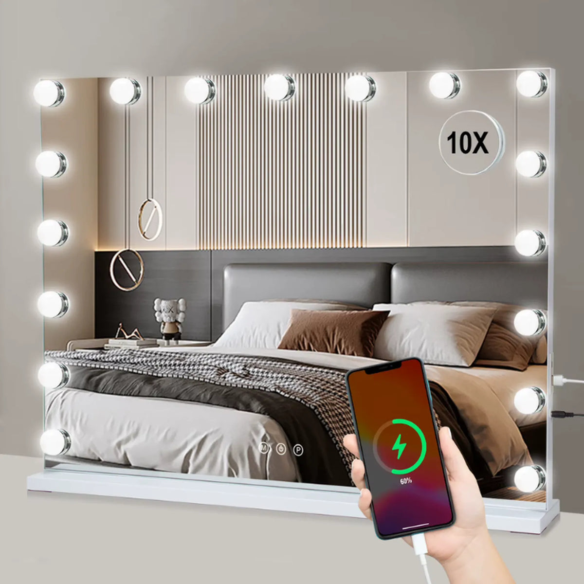 Miroir maquillage professionnel Hollywood à 17 ampoules LED, posé dans une chambre, téléphone en charge sur le port USB.