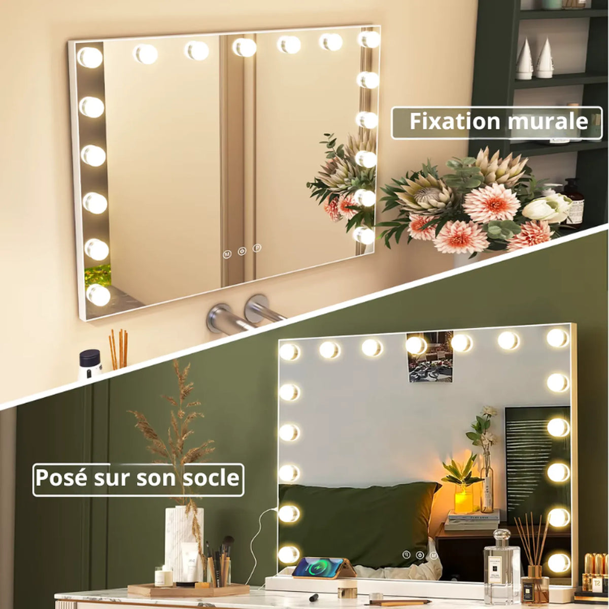 Miroir de coiffeuse lumineux en fixation murale ou posé sur son socle en métal.