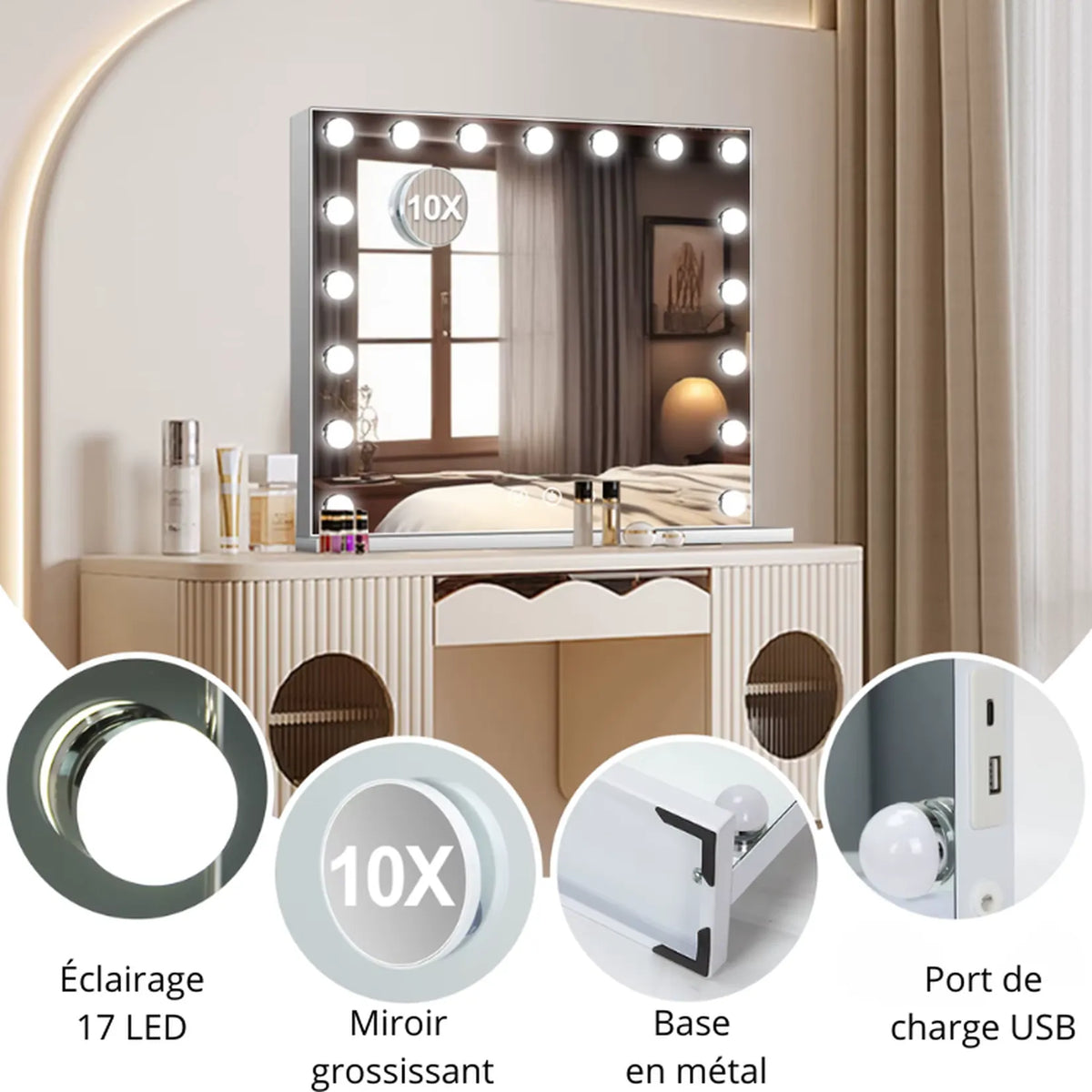 Miroir Hollywood posé sur une coiffeuse : éclairage 17 LED, grossissant 10X, base en métal et port de charge USB.