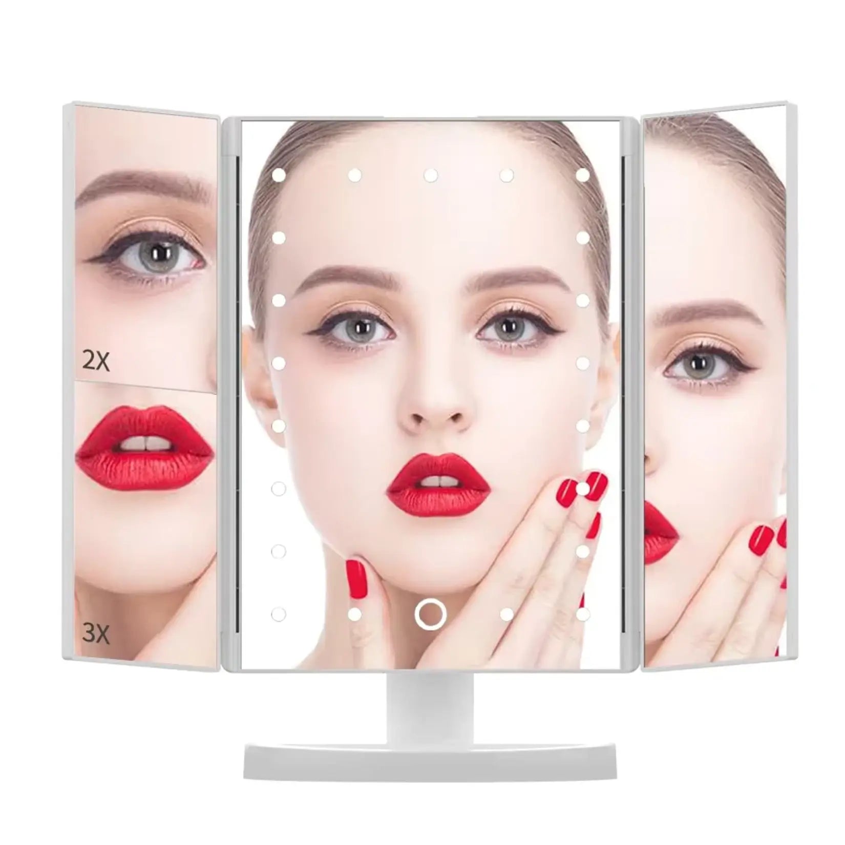 Miroir maquillage sur pied avec multiples grossissements.