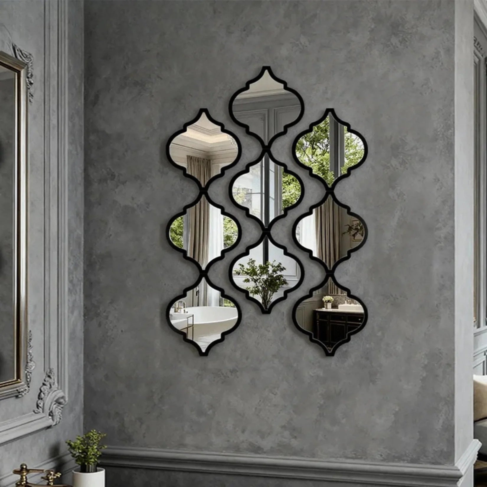 Miroir marocain mur gris béton ciré intérieur.