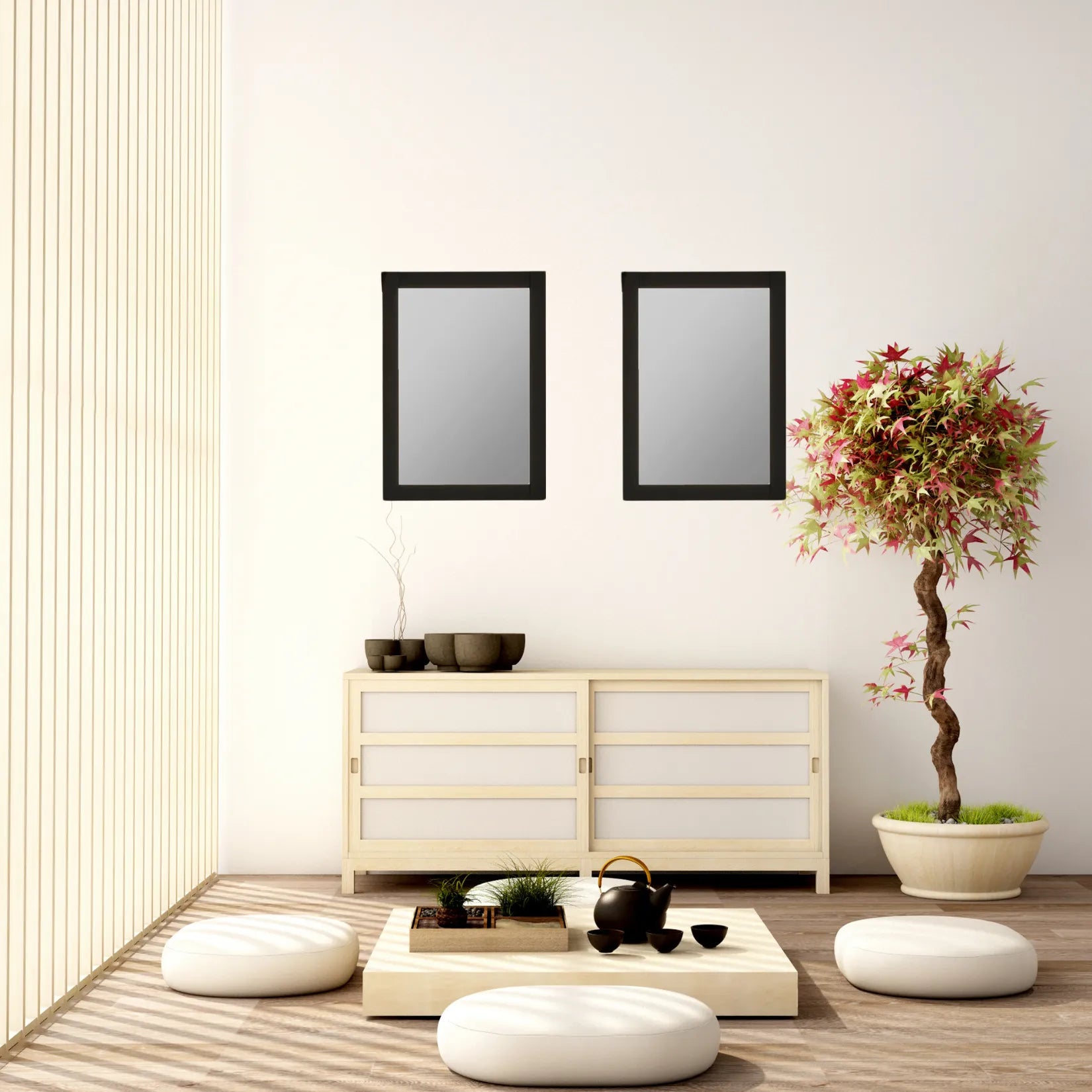 Miroirs minimalistes noirs dans un intérieur japandi aux lignes zen et épurées.