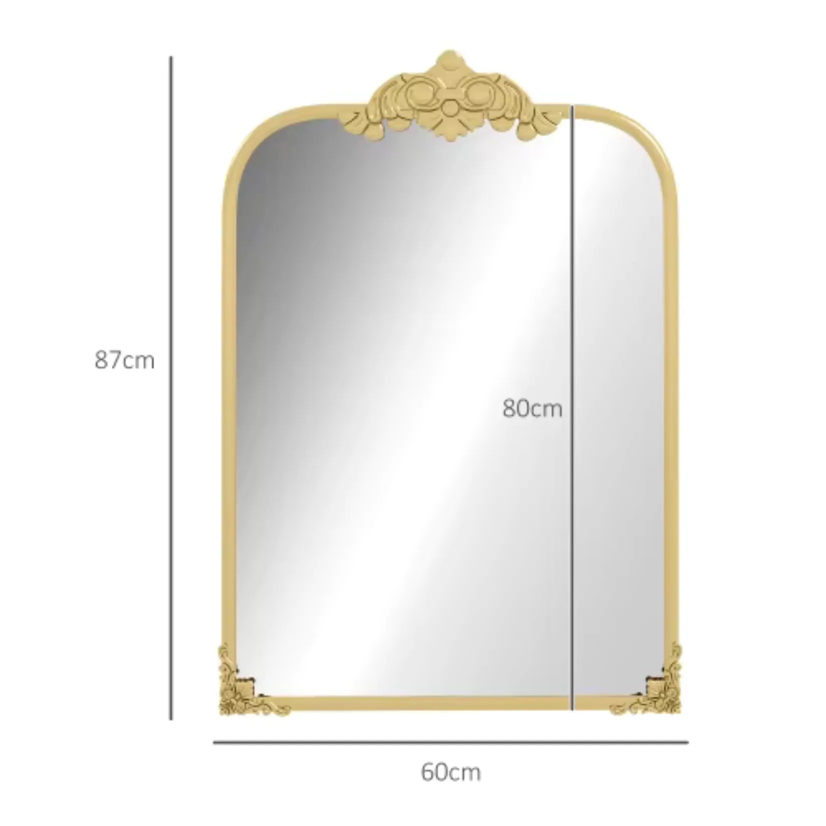 Dimensions du miroir moulure doré 60x87 cm avec cadre orné et verre épais.
