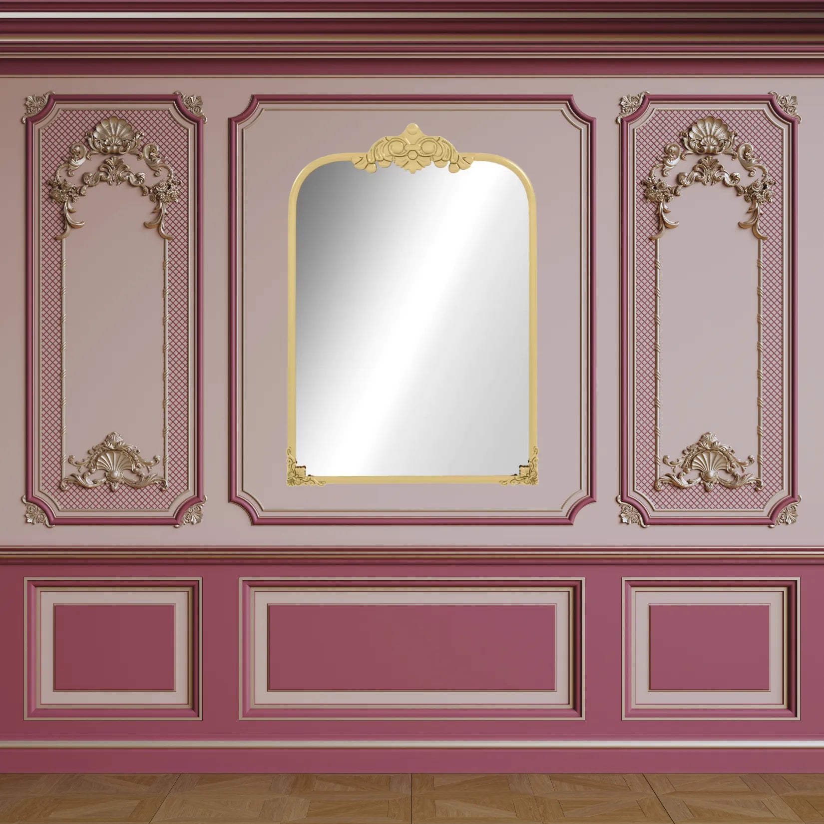 Miroir moulure doré sur un mur orné de moulures baroques rose et or.