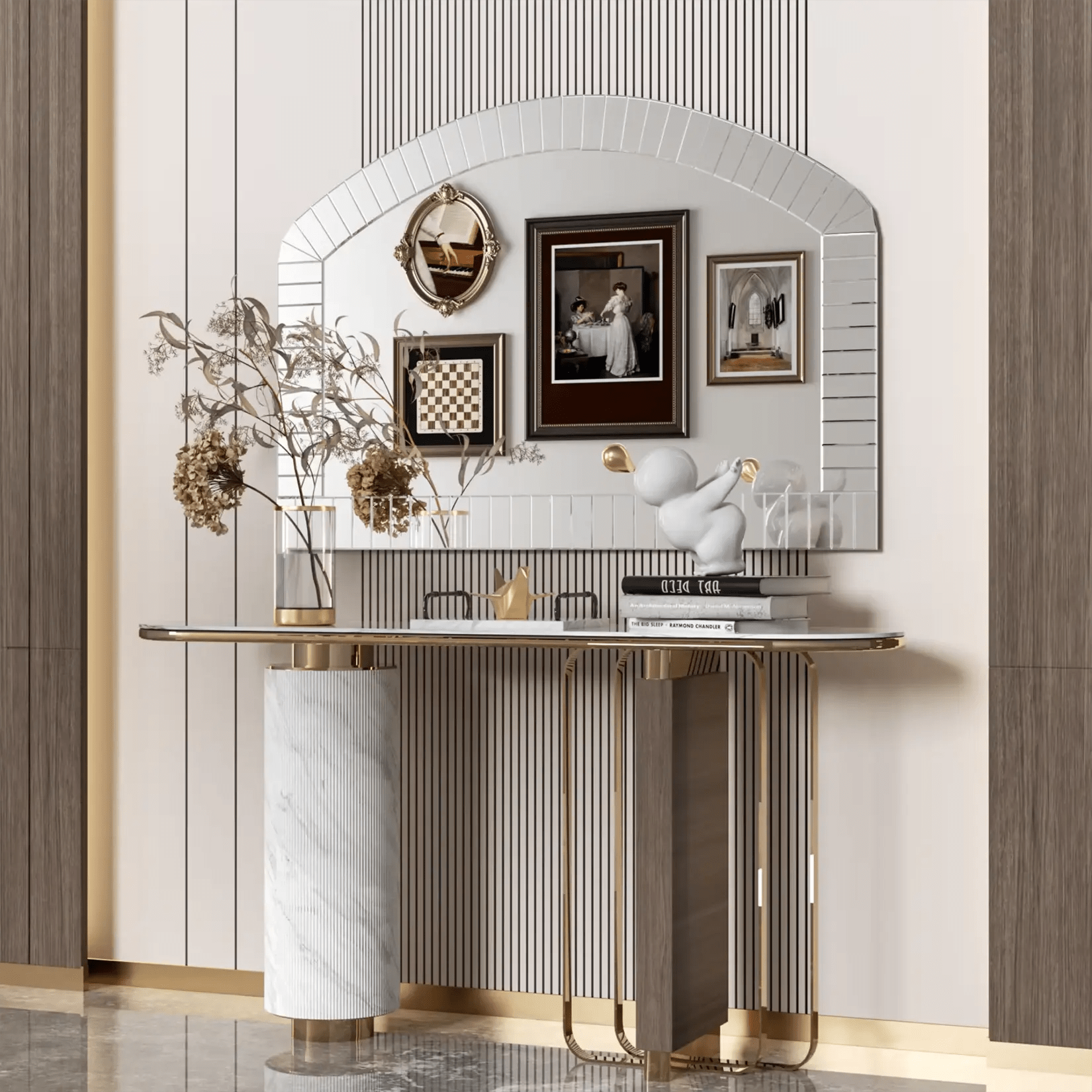 Miroir mural argenté au style contemporain, parfait pour sublimer une console ou un espace d’accueil raffiné.