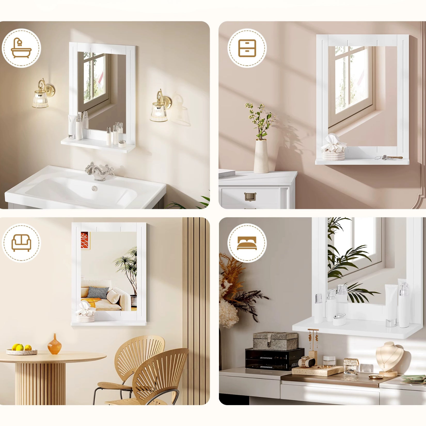 Miroir mural blanc adapté à la salle de bain, salon, ou entrée.