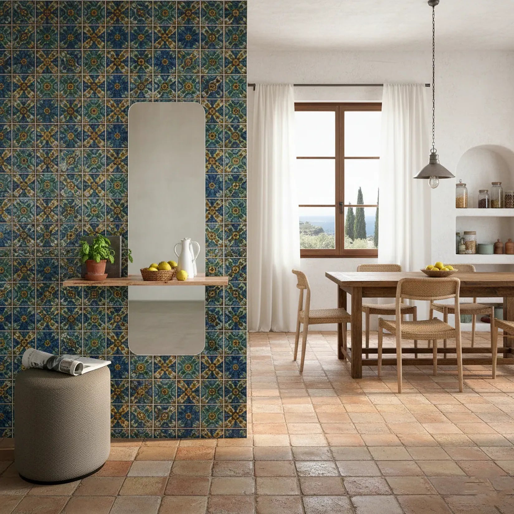 Miroir mural déco avec étagère – Décoration entrée carrelage coloré.