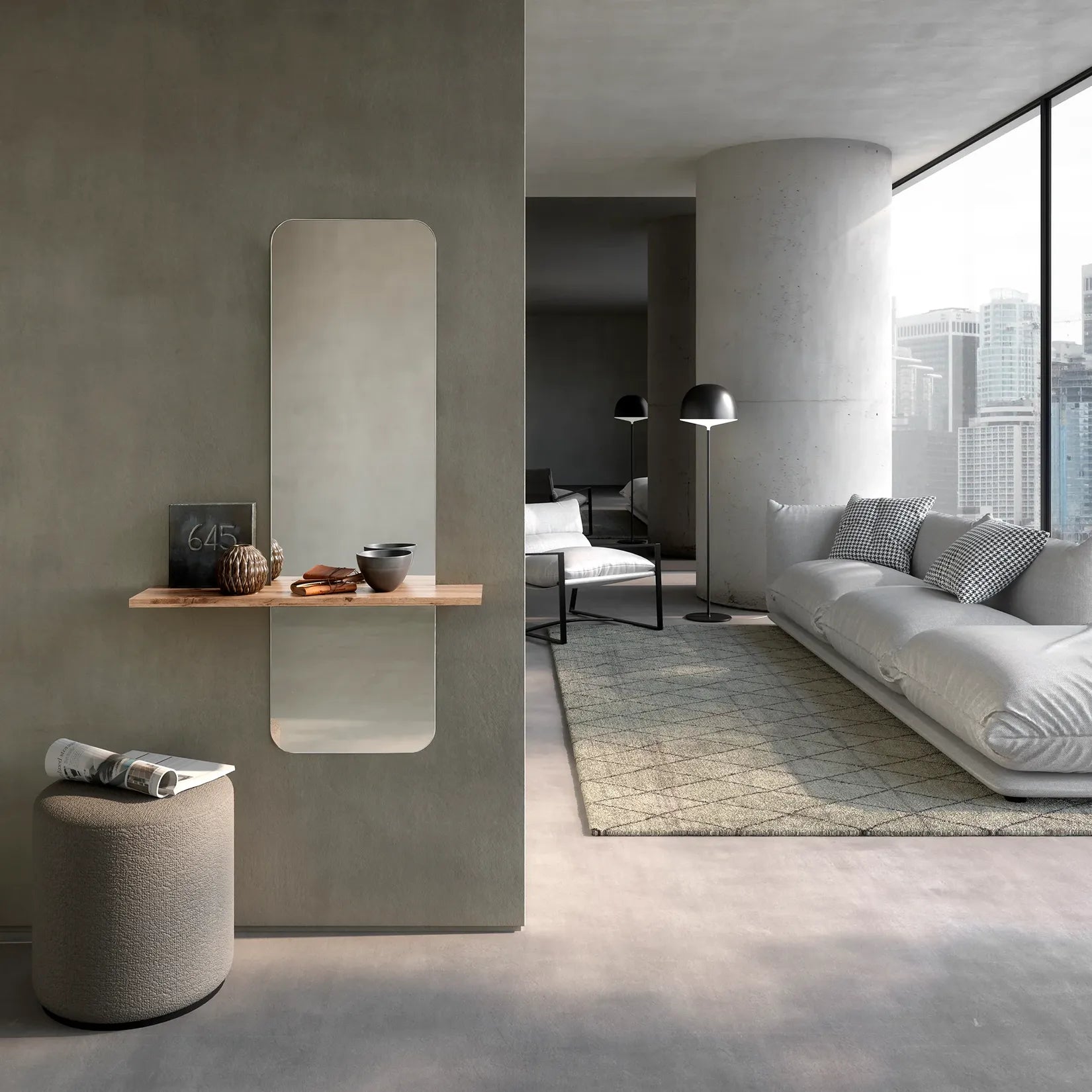 Miroir mural déco avec étagère bois en salon style minimaliste.