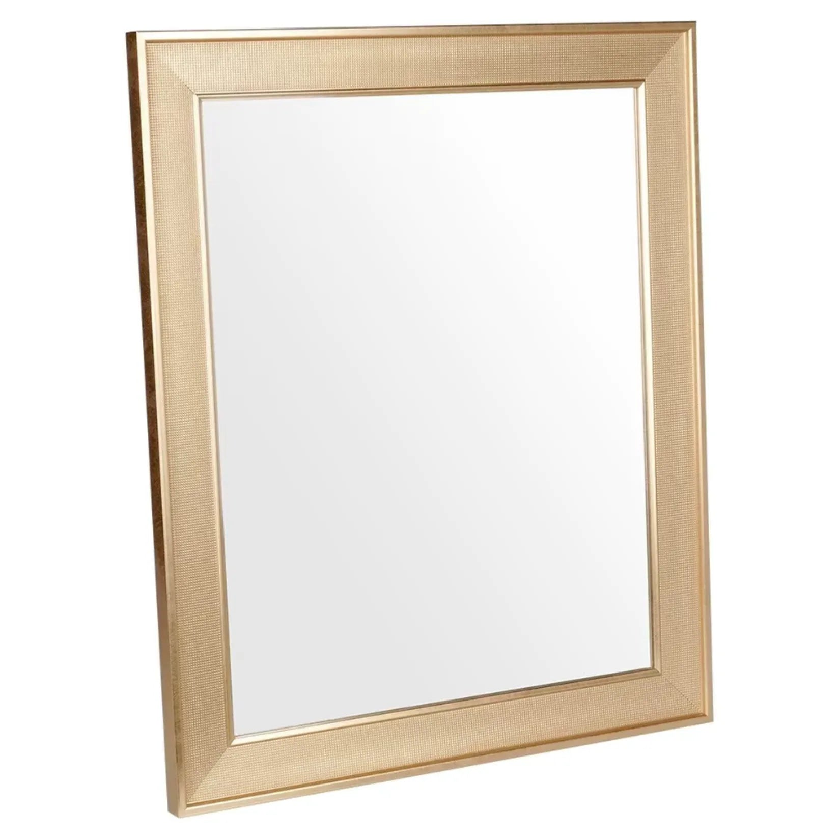 Vue de profil sur le miroir mural doré rectangulaire au cadre épais.