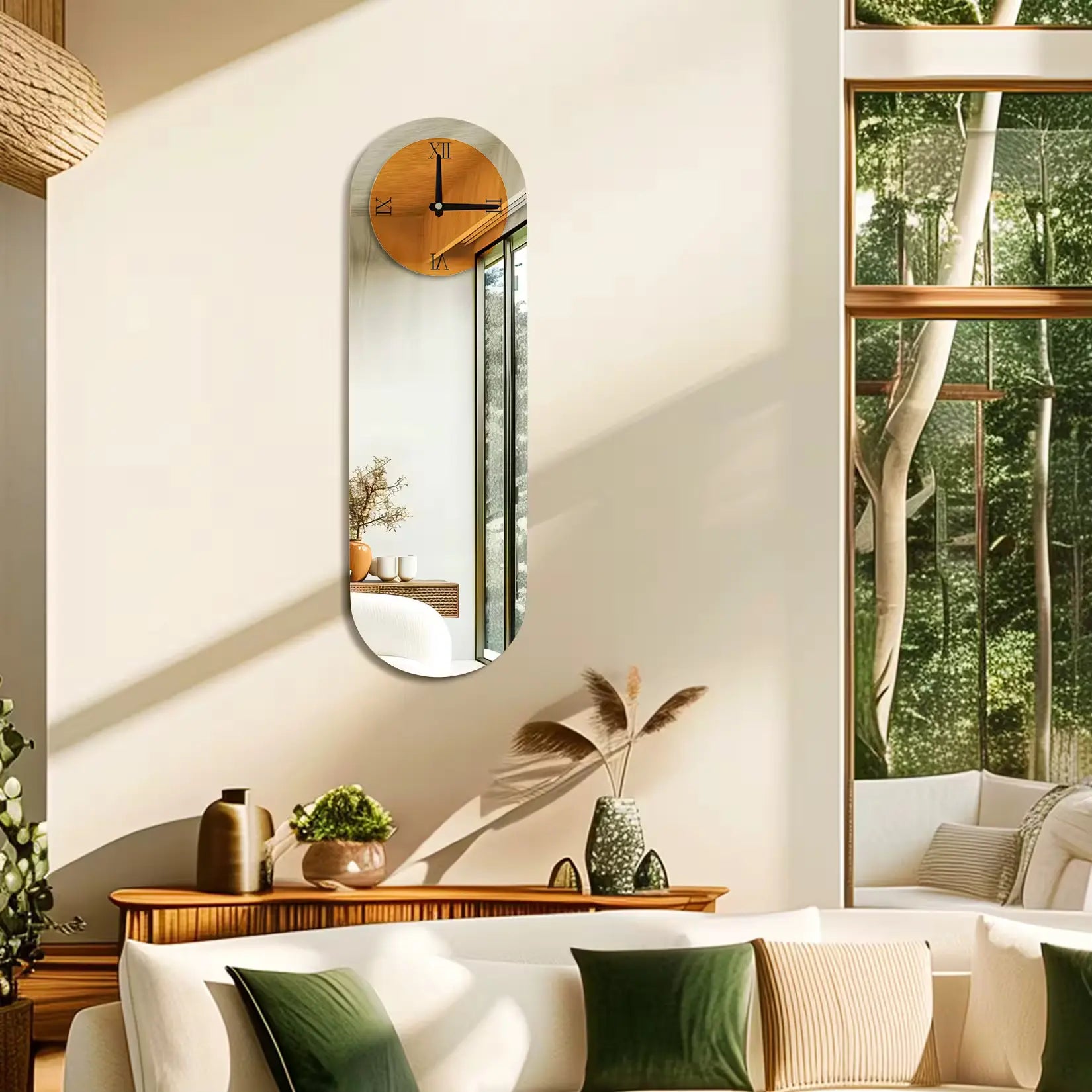 Miroir mural pour salon avec horloge reflétant un paysage verdoyant à travers une grande baie vitrée.