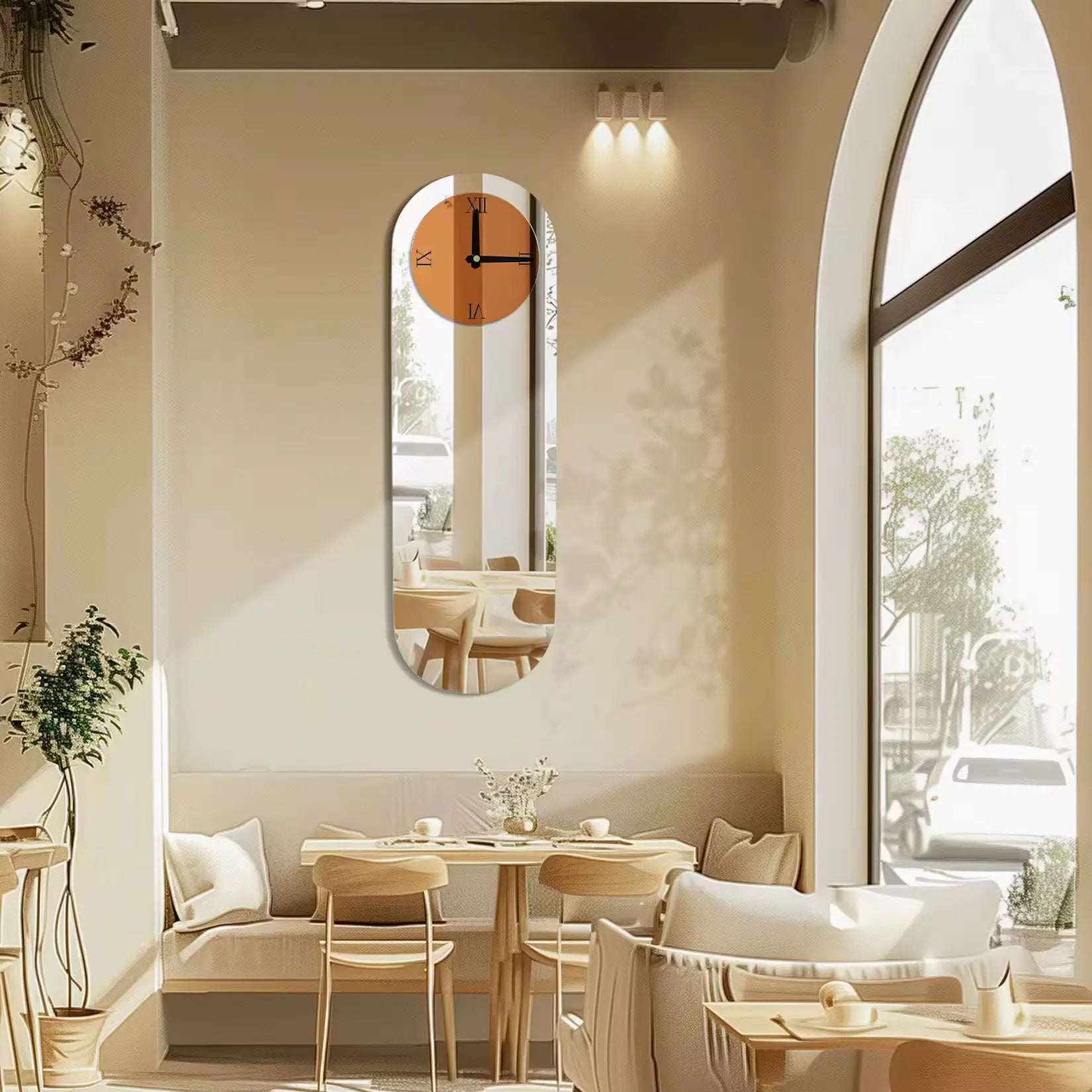 Miroir mural pour salon avec horloge suspendu dans une salle de restaurant aux tons clairs et bois naturel.