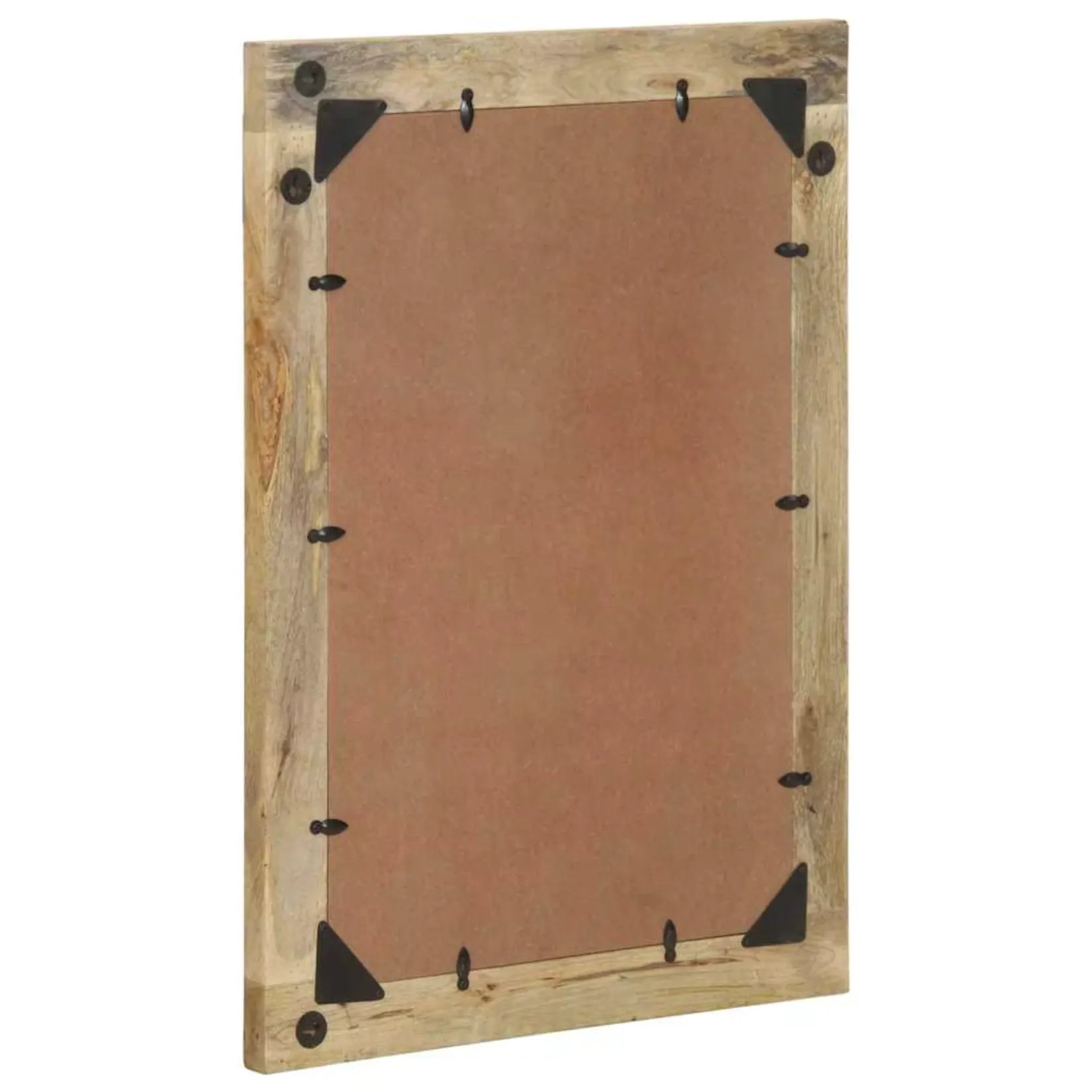 Dos du miroir mural rectangulaire en bois de manguier avec fixations.
