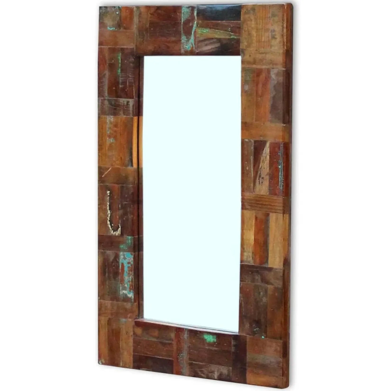 Miroir mural rectangulaire en bois recyclé multicolore artisanal.