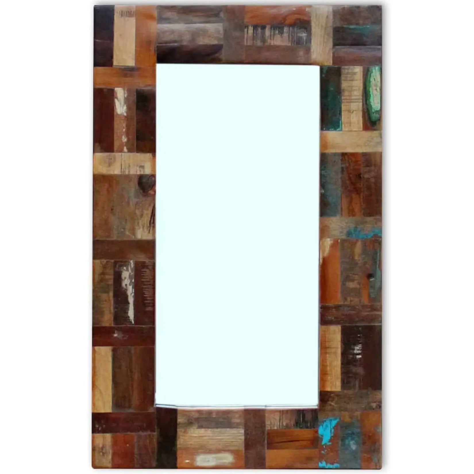 Miroir mural rectangulaire en bois recyclé cadre patchwork fait main.