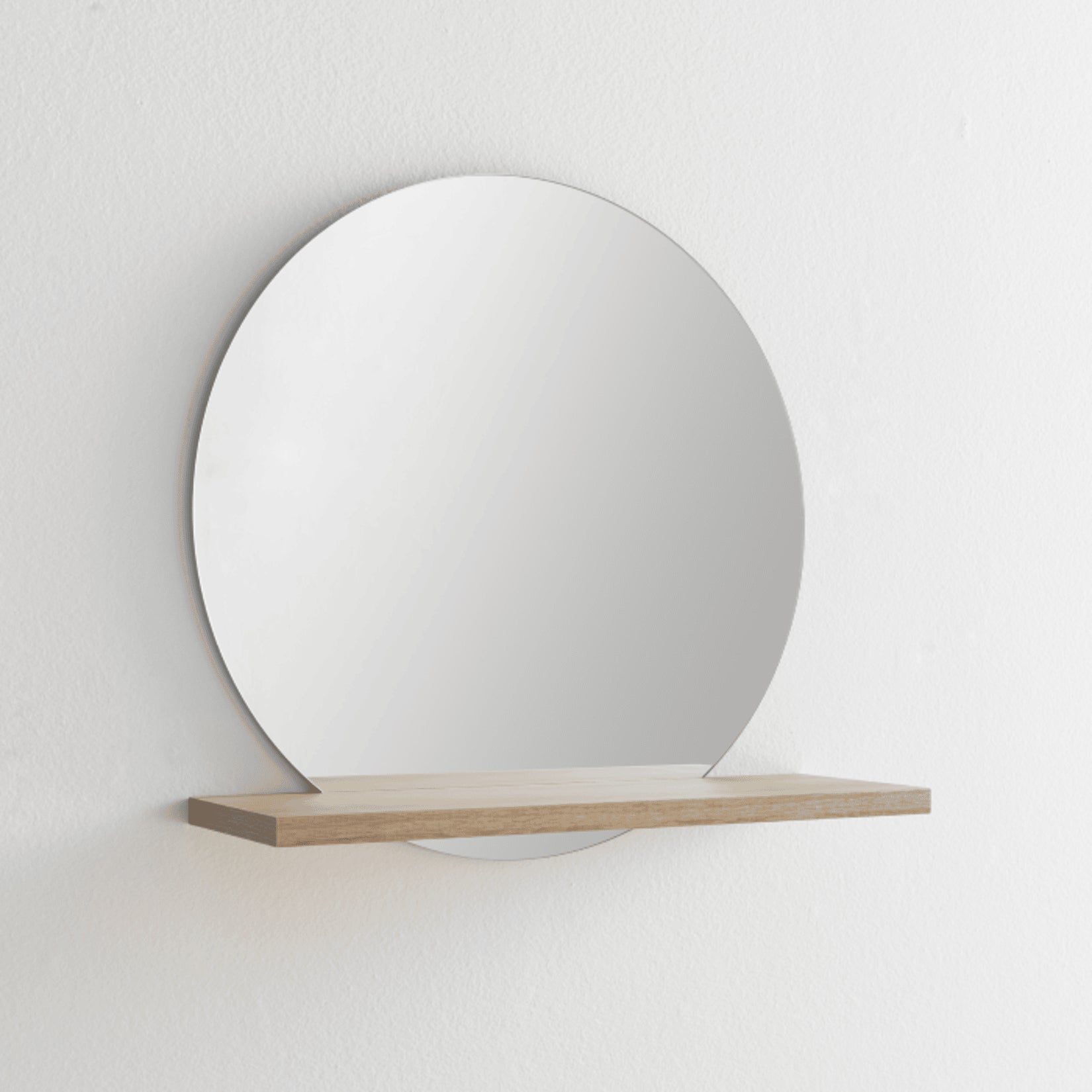 Miroir mural rond avec étagère en bois de 60 cm, parfait pour ranger des accessoires et décorer.
