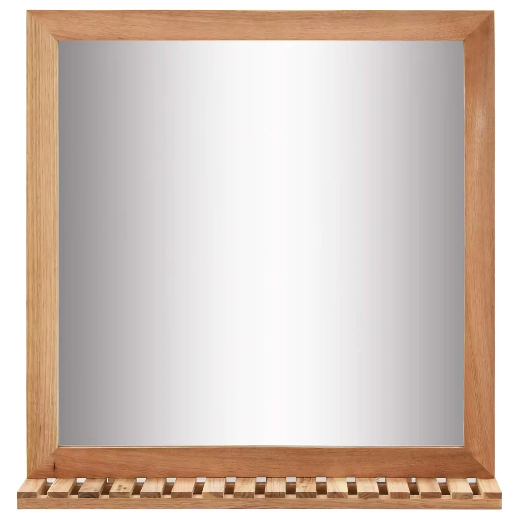 Miroir Noyer Massif vue de face cadre et étagère salle de bain naturel.