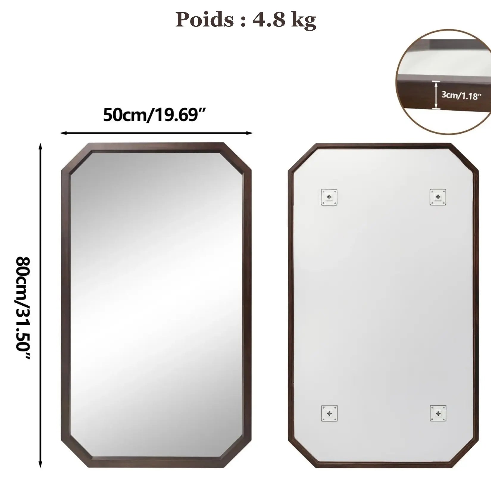 Dimensions 50 × 80 cm, poids 4,8 kg, fixation murale 4 points, vue avant et arrière.