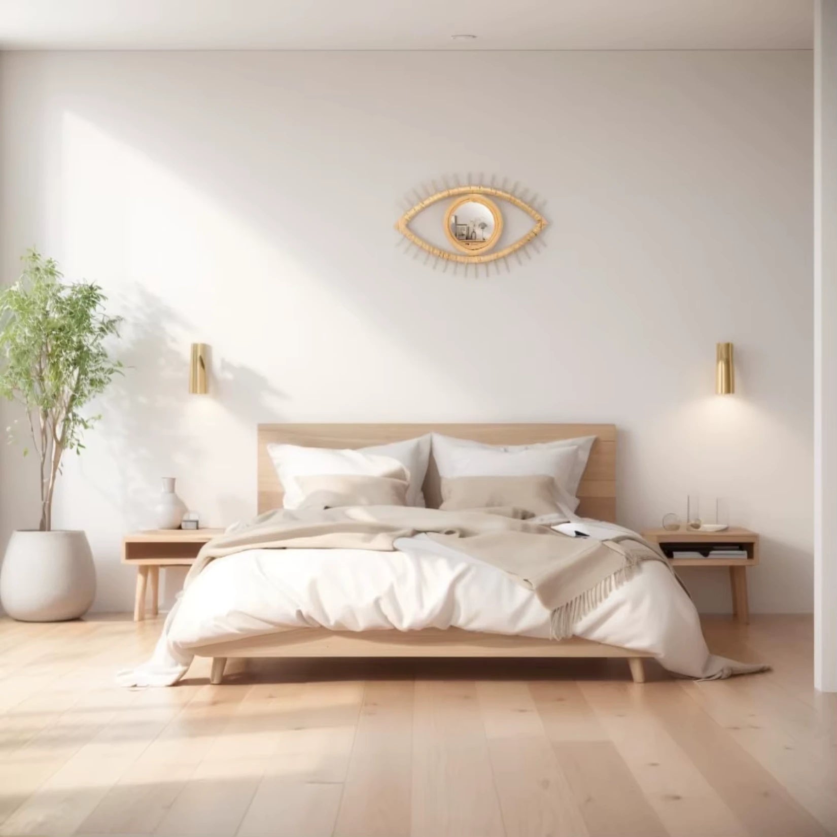 Miroir en rotin œil suspendu dans une chambre à l’ambiance bohème et épurée.