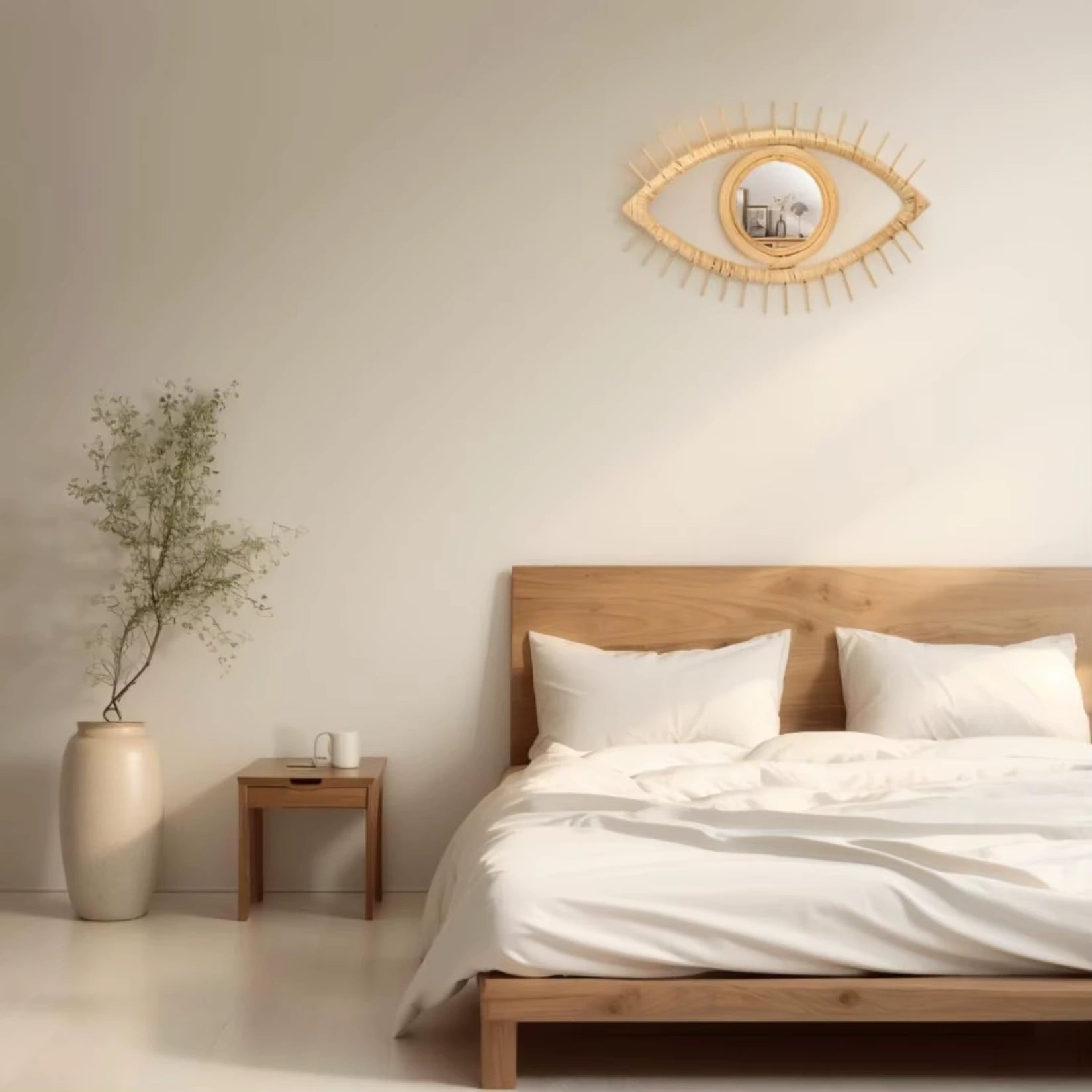 Miroir en rotin en forme d'œil, parfait pour une chambre au design naturel.