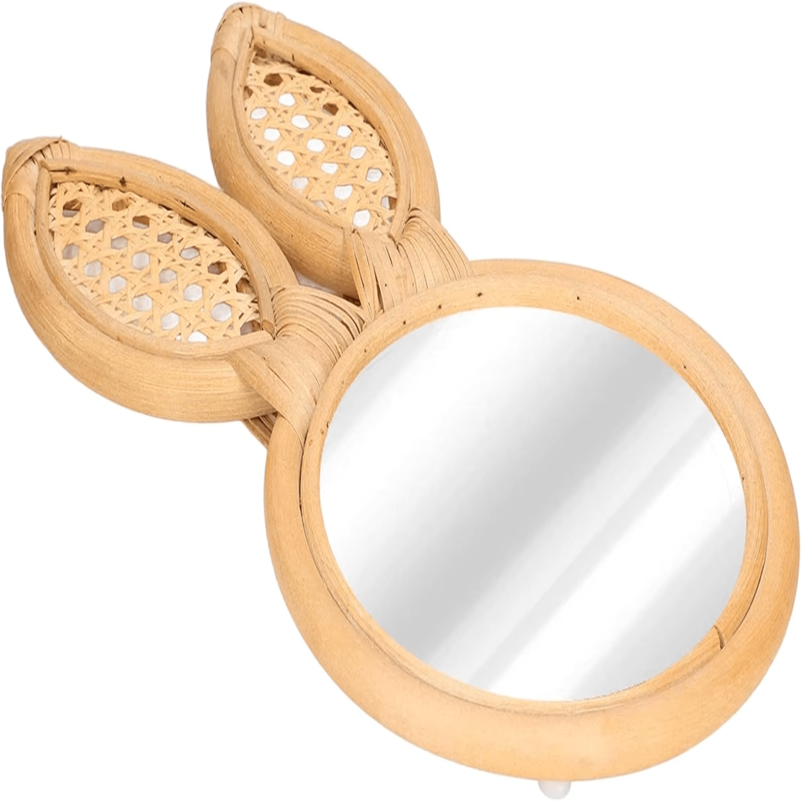 Miroir oreille lapin en rotin avec finitions tressées.