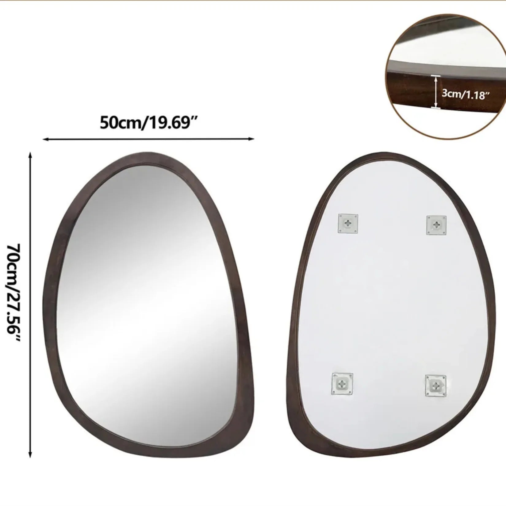 Miroir organique bois noyer avec dimensions 50x70 cm.