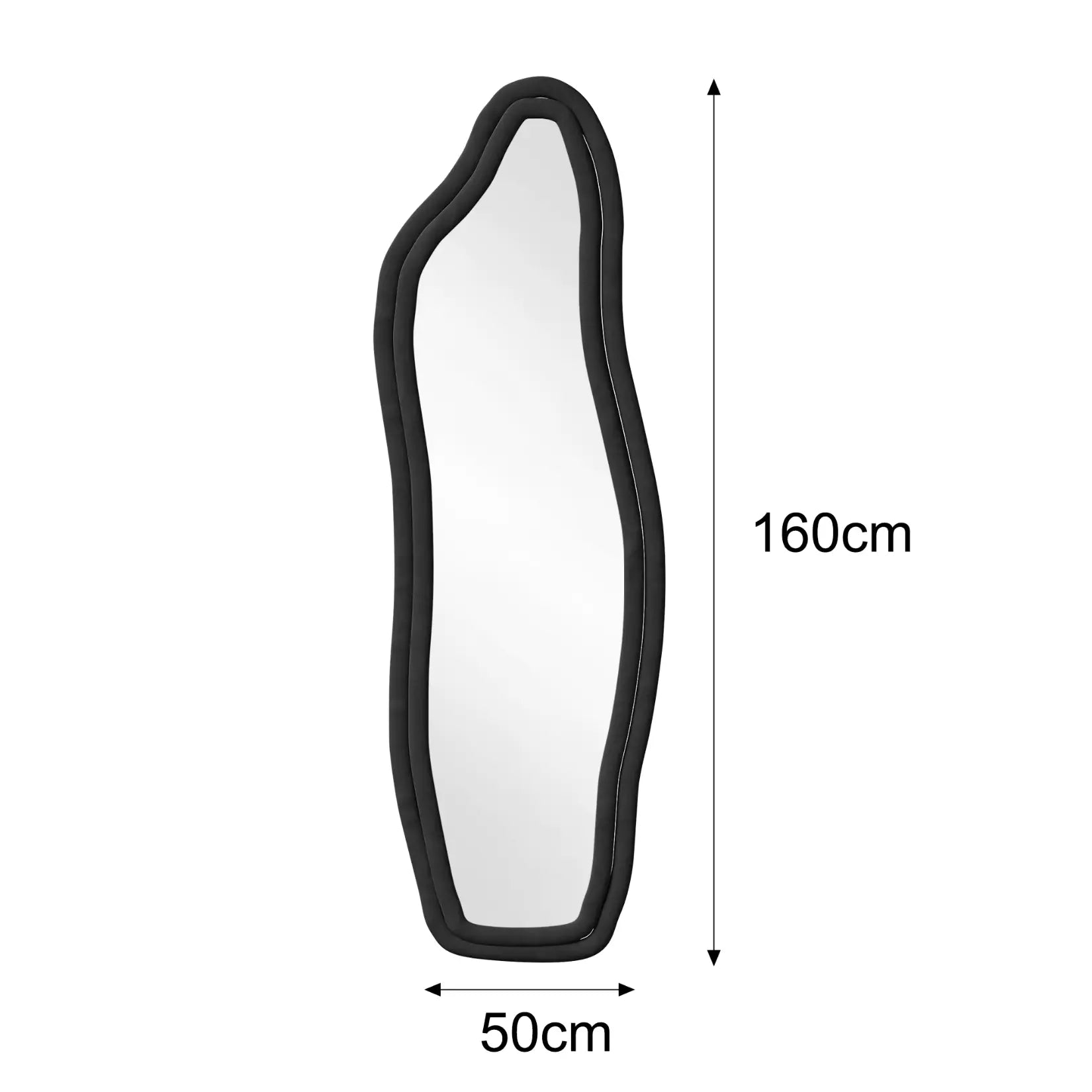 Dimensions du miroir organique noir : 160 cm de hauteur sur 50 cm de largeur.