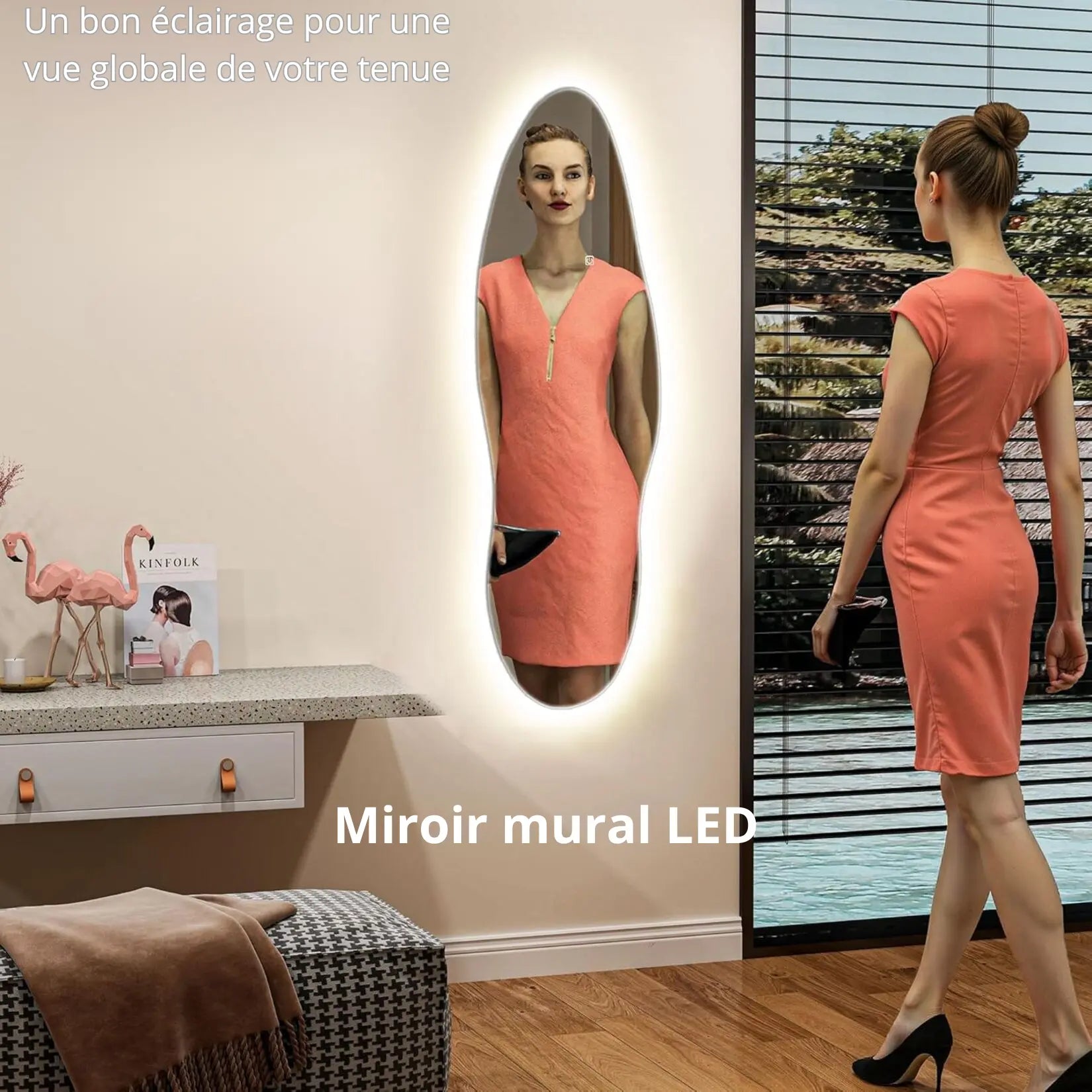 Miroir organique LED 120x40 cm avec rétroéclairage dans un salon moderne.