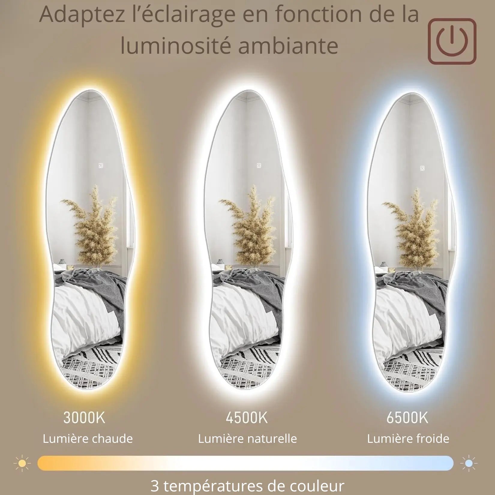 Miroir organique LED avec 3 températures de couleur 3000K 4500K 6500K.