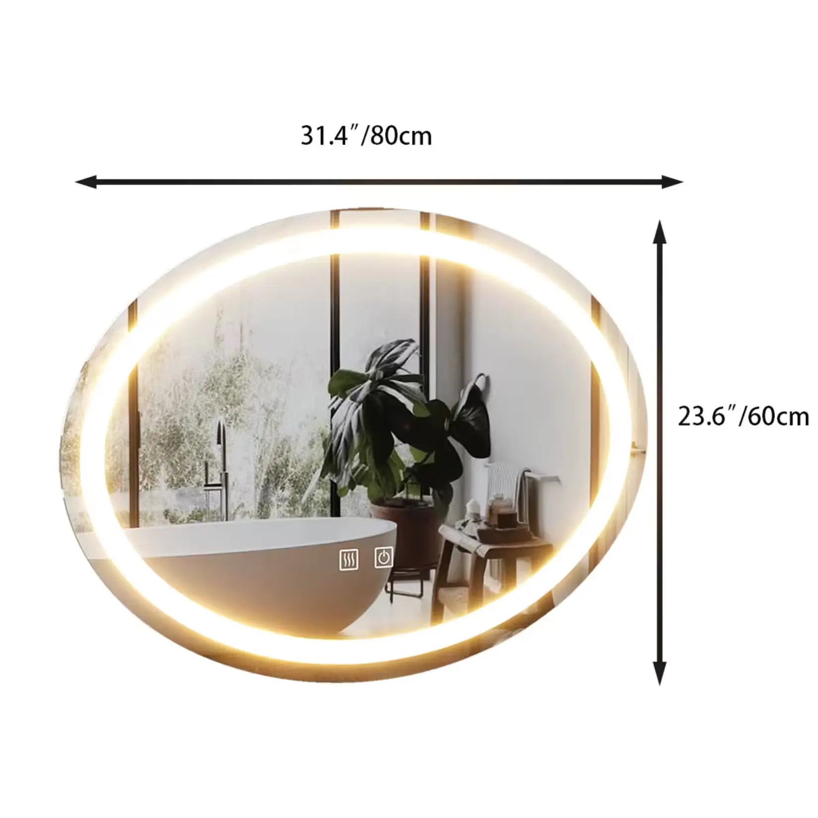Miroir ovale salle de bain : Schéma technique et dimensions en 80x60 cm.