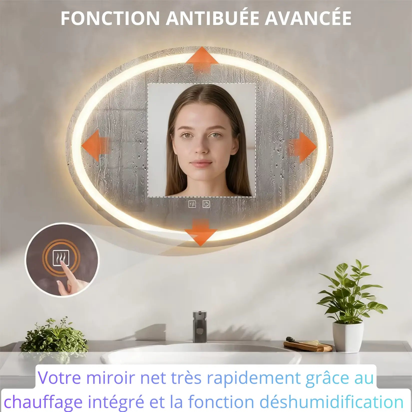 Miroir oval salle de bain avec fonction antibuée avancée.