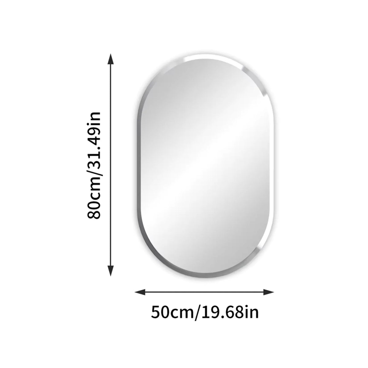 Dimensions du miroir ovale sans cadre : 80 x 50 cm.
