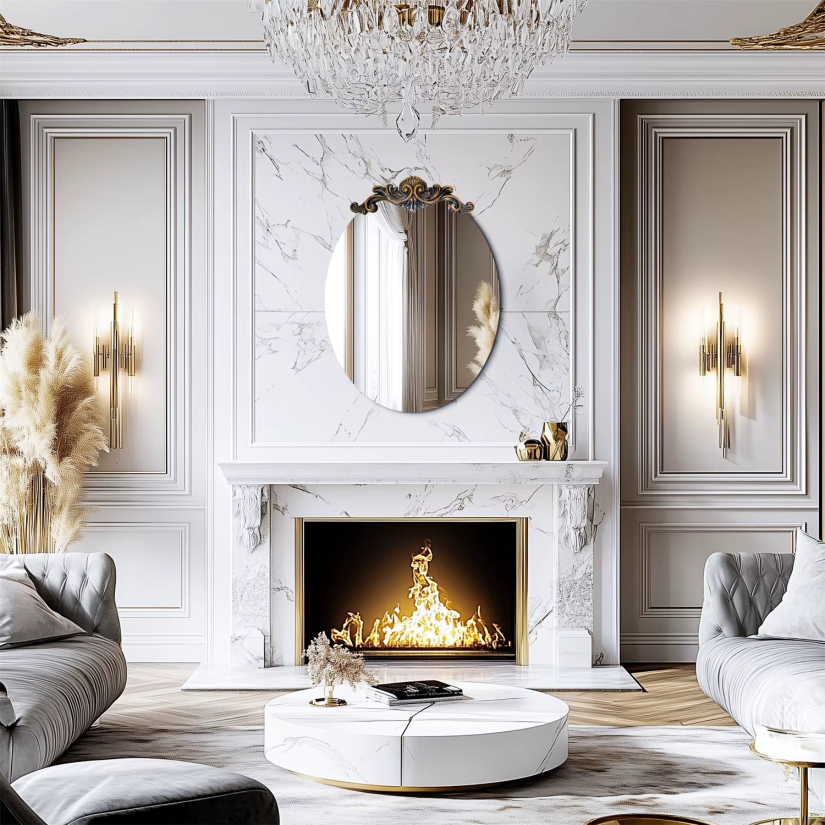 Miroir ovale doré positionné au-dessus d’une cheminée en marbre dans un salon raffiné et lumineux.