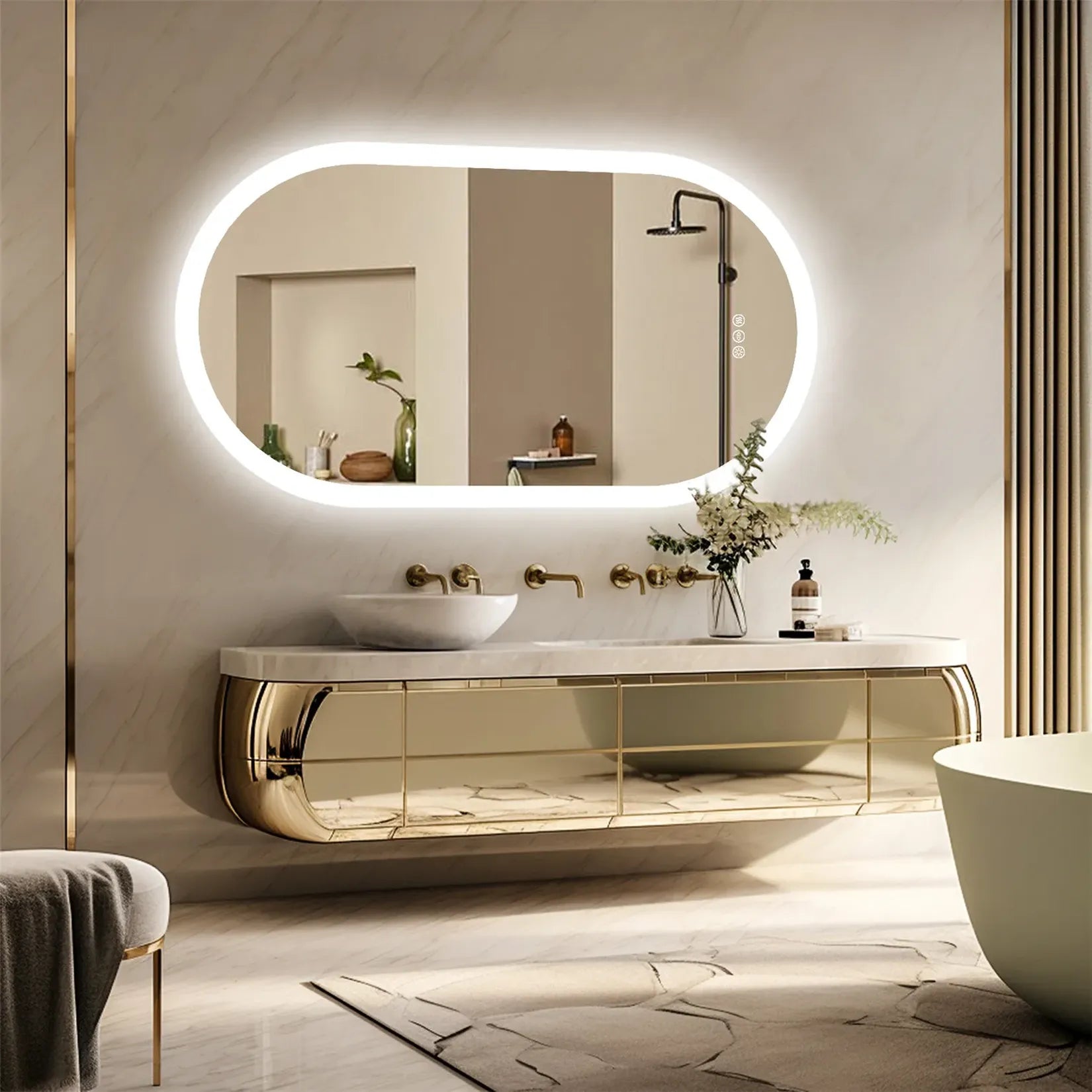 Miroir ovale LED horizontal rétroéclairage salle de bain double vasque marbre blanc.