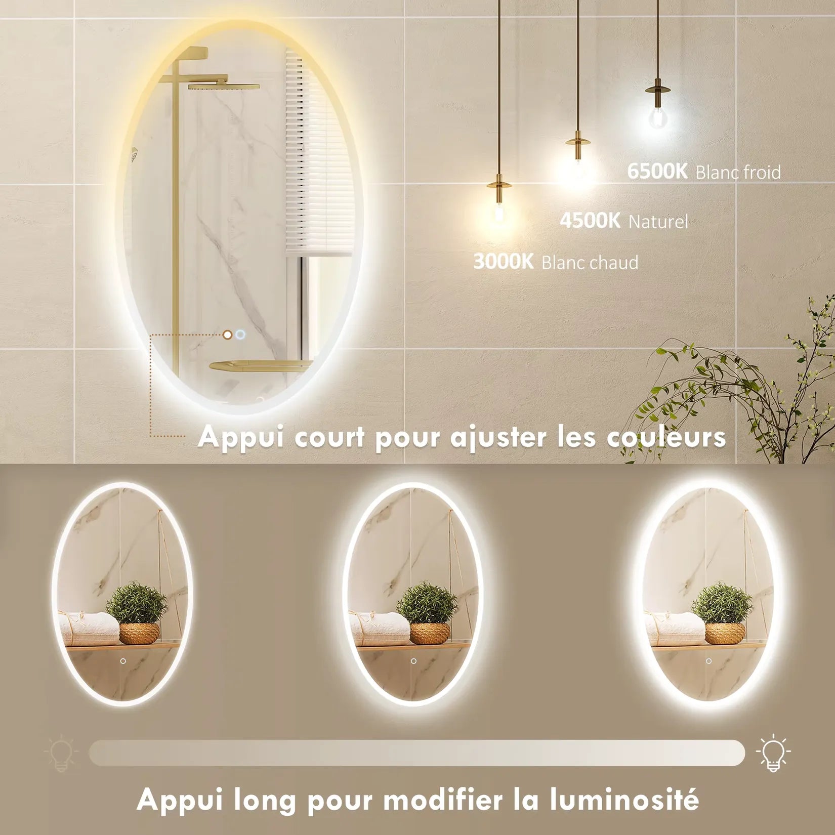 Miroir Ovale Salle de Bain LED démonstration 3 couleurs et luminosité dimmable.