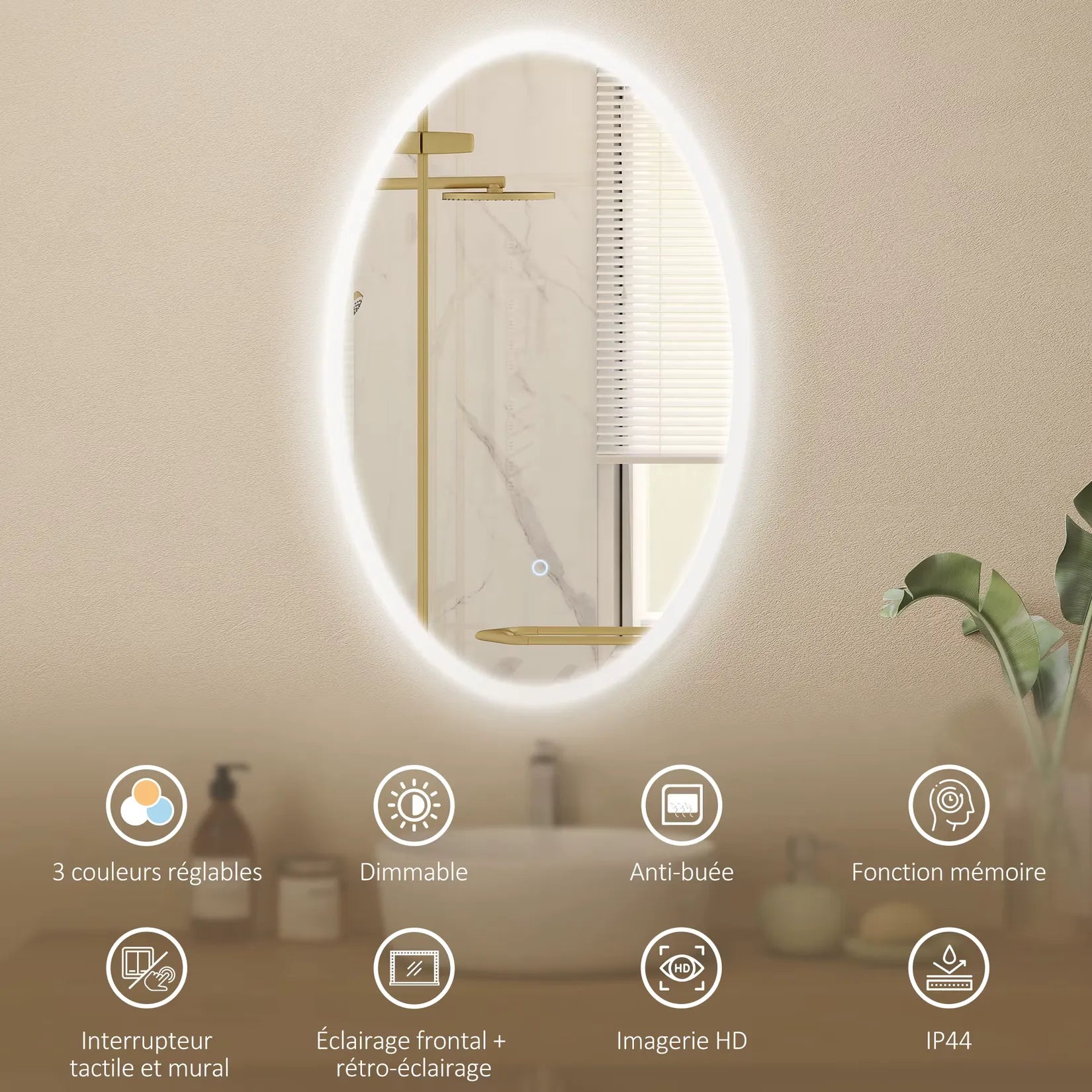 Miroir Ovale Salle de Bain LED fonctionnalités anti-buée IP44 tactile et mémoire.