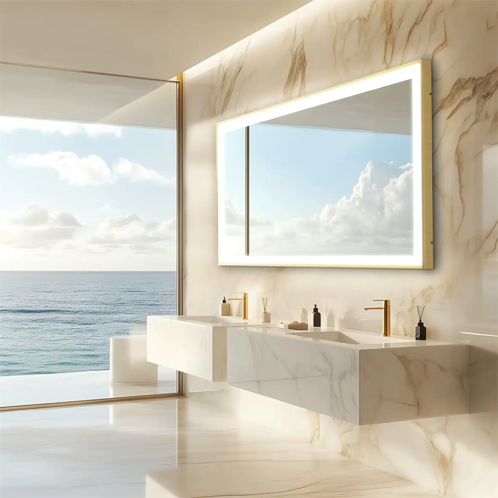 Miroir Petite Salle de Bain 80x60 doré dans une salle de bain avec vue sur la mer.