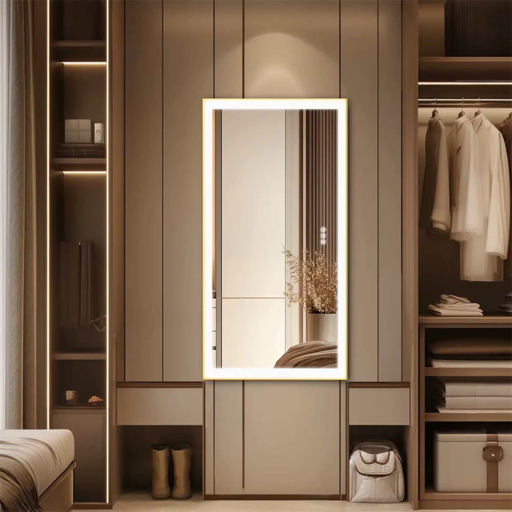 Miroir Petite Salle de Bain 80x60 installé verticalement dans un dressing moderne.