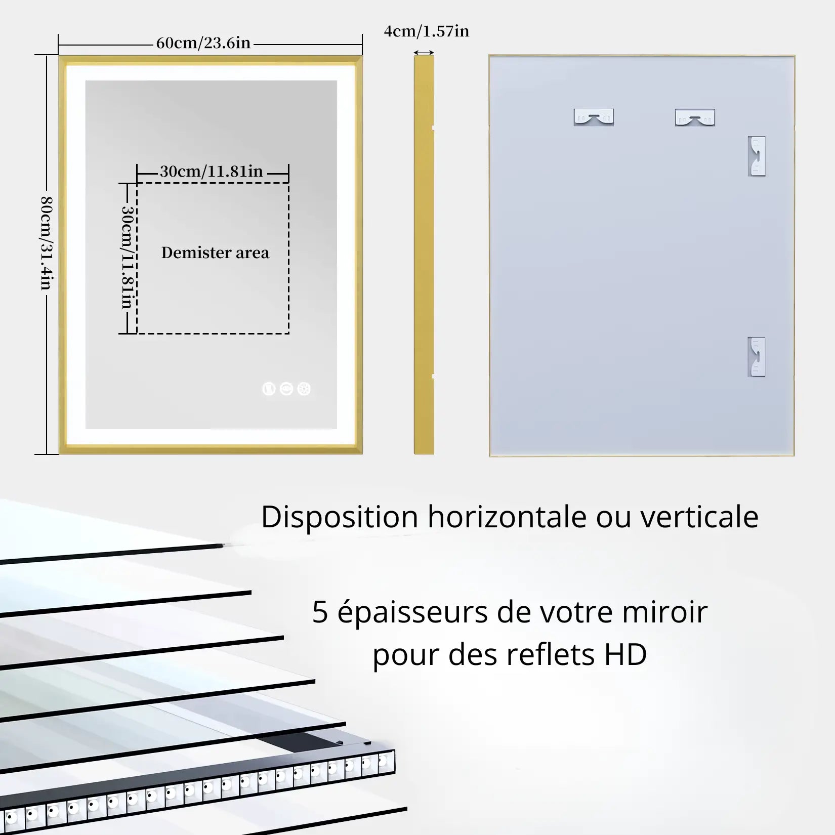 Dimensions techniques du miroir Petite Salle de Bain 80x60 avec cadre doré.