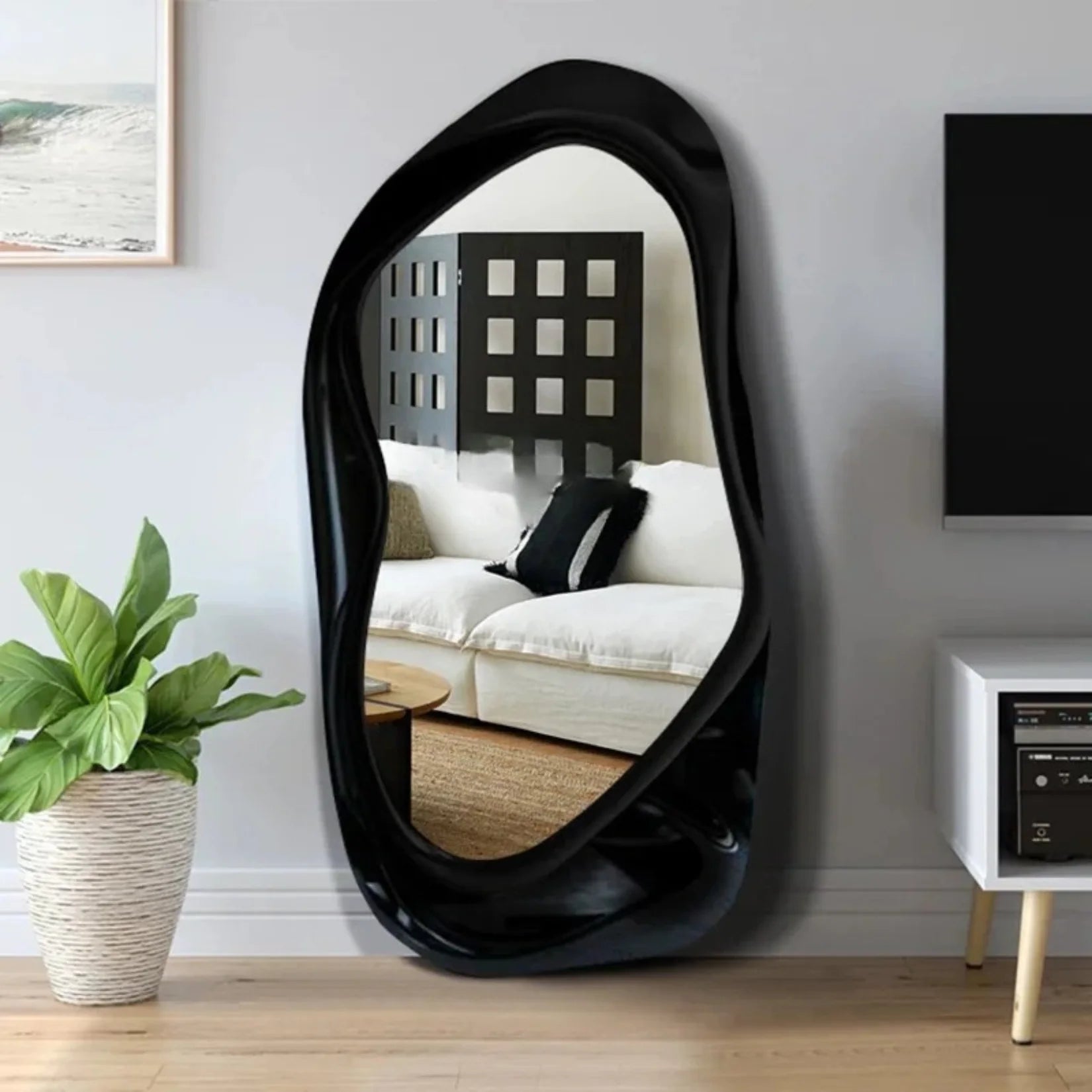 Miroir Plein Pied Sculptural Noir Décoration Salon.